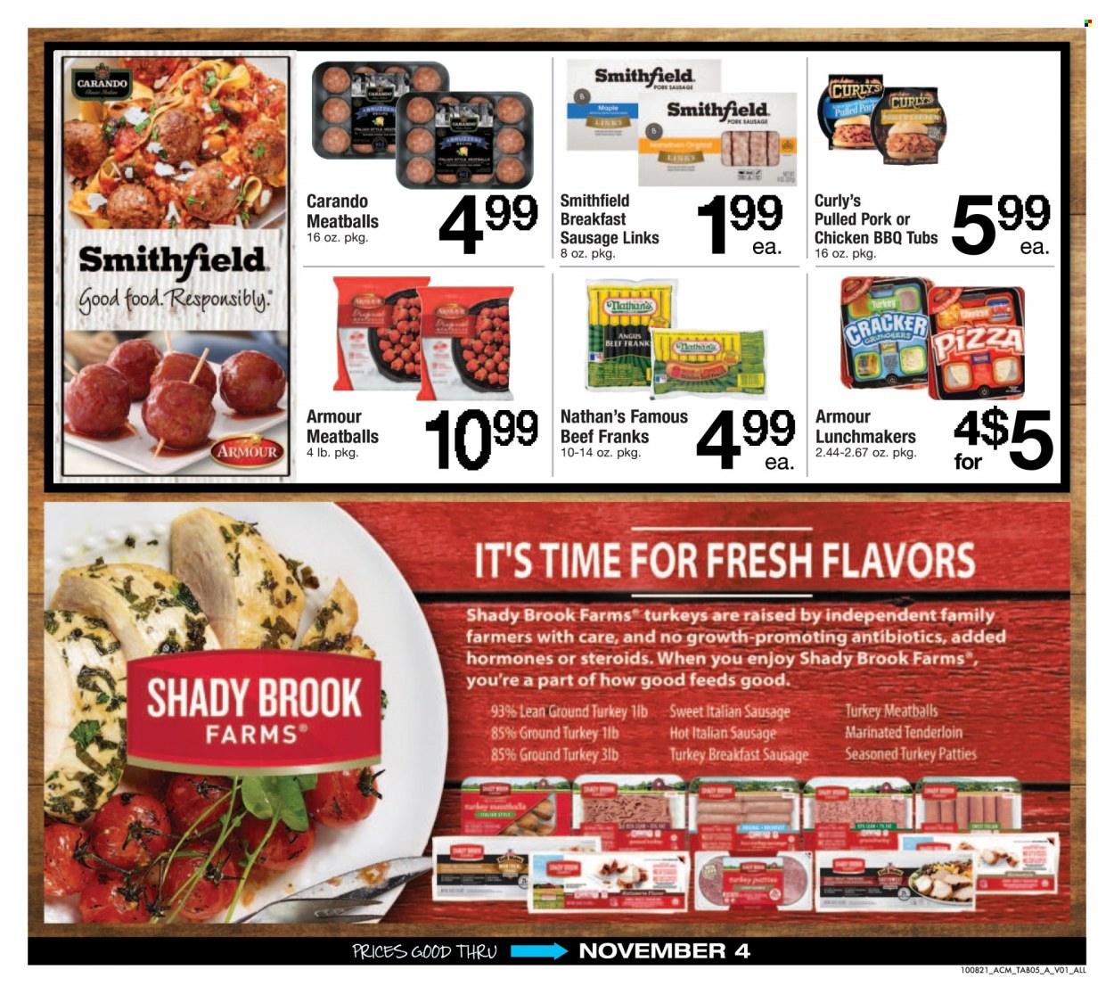 thumbnail - ACME Flyer - 10/08/2021 - 11/04/2021 - Sales products - pizza, meatballs, pulled pork, sausage, pork sausage, italian sausage, crackers, ground turkey, beef meat, pork meat. Page 5.