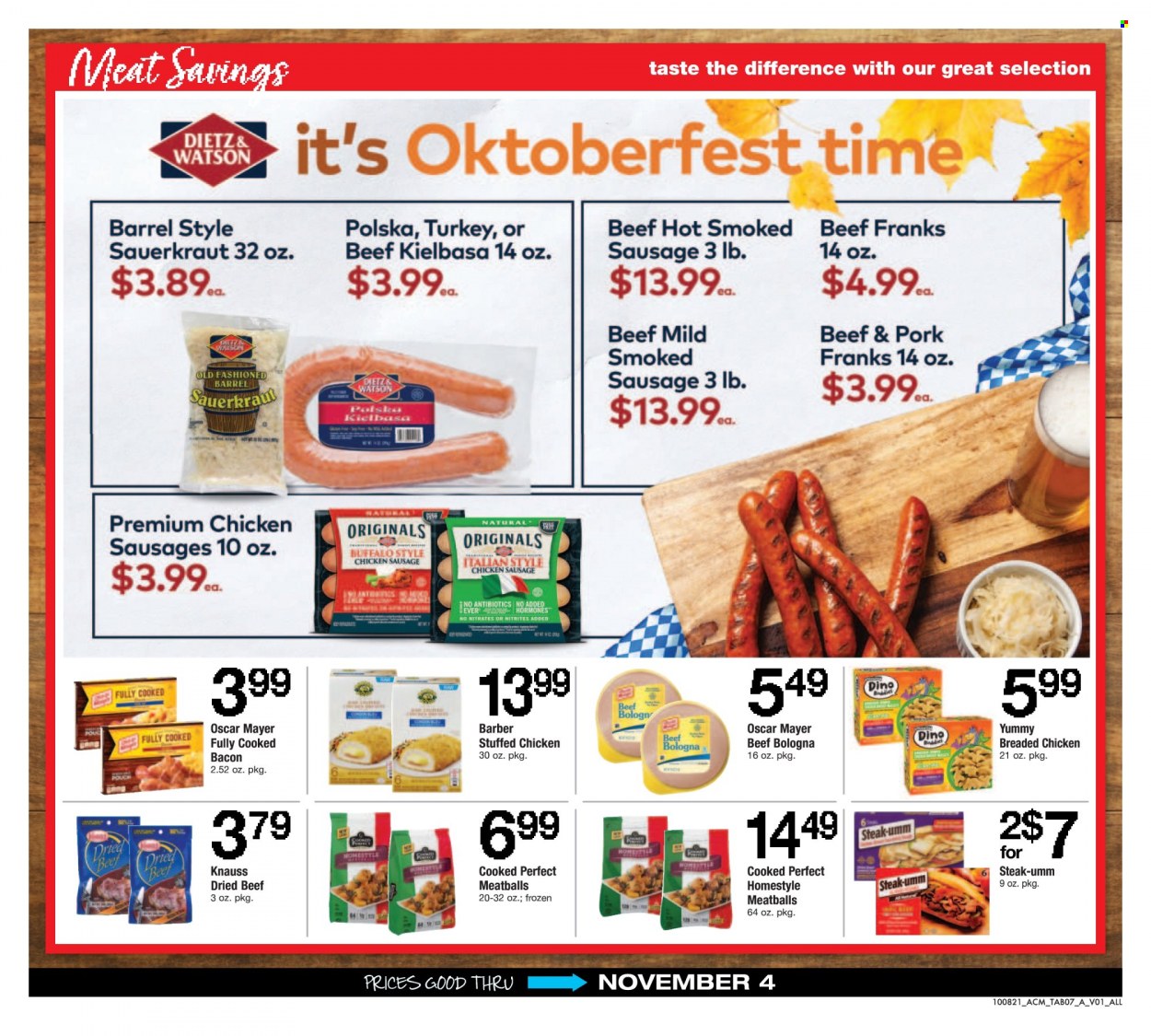 thumbnail - ACME Flyer - 10/08/2021 - 11/04/2021 - Sales products - meatballs, fried chicken, stuffed chicken, Oscar Mayer, sausage, smoked sausage, chicken sausage, kielbasa, sauerkraut, steak. Page 7.