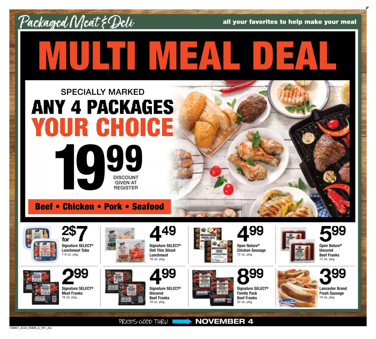 thumbnail - ACME Flyer - 10/08/2021 - 11/04/2021 - Sales products - seafood, sausage, chicken sausage, lunch meat, turkey breast. Page 8.