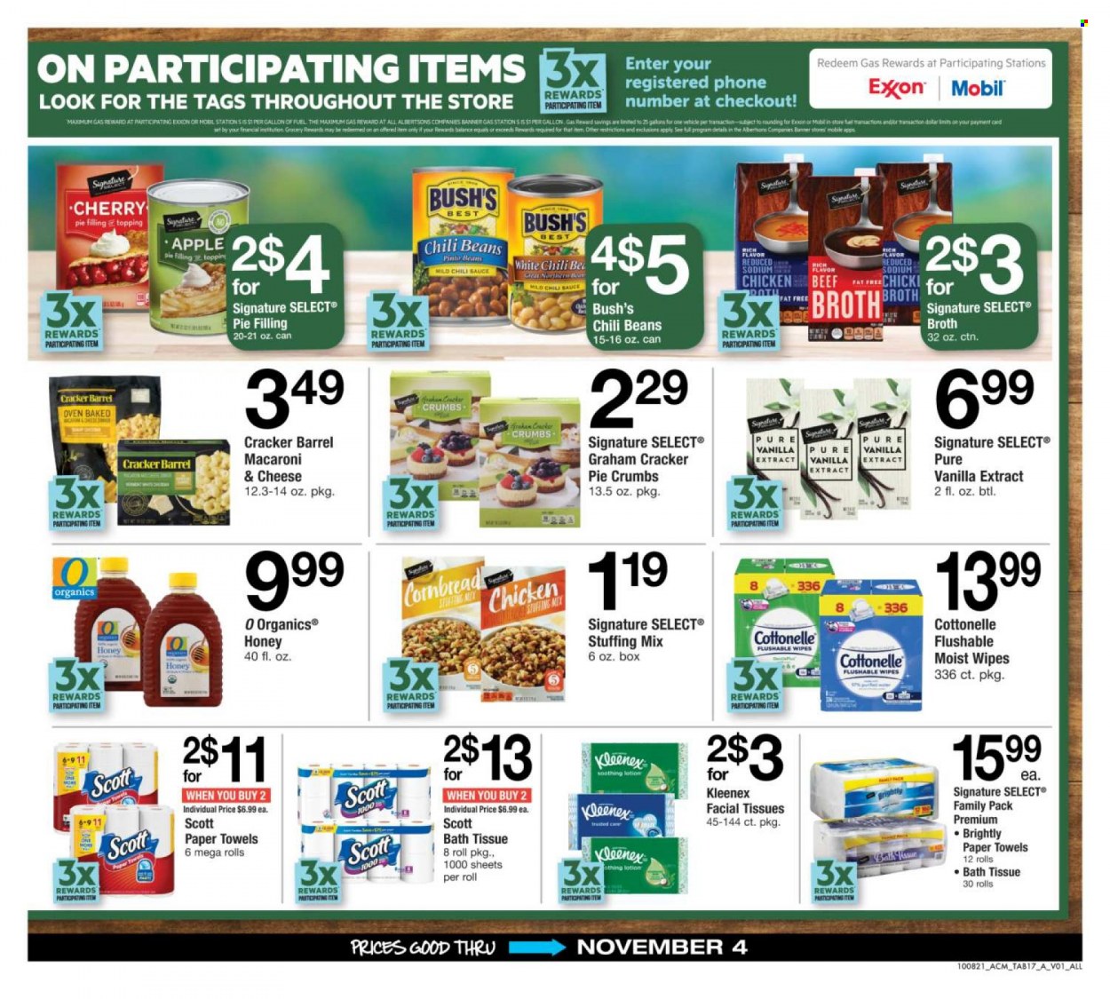 thumbnail - ACME Flyer - 10/08/2021 - 11/04/2021 - Sales products - Scott, corn bread, apple pie, cherry pie, beans, macaroni & cheese, sauce, crackers, stuffing mix, pie filling, cherry pie filling, topping, broth, vanilla extract, pinto beans, chili beans, chilli sauce, honey, wipes, bath tissue, Cottonelle, Kleenex, kitchen towels, paper towels, facial tissues, body lotion, vehicle. Page 17.