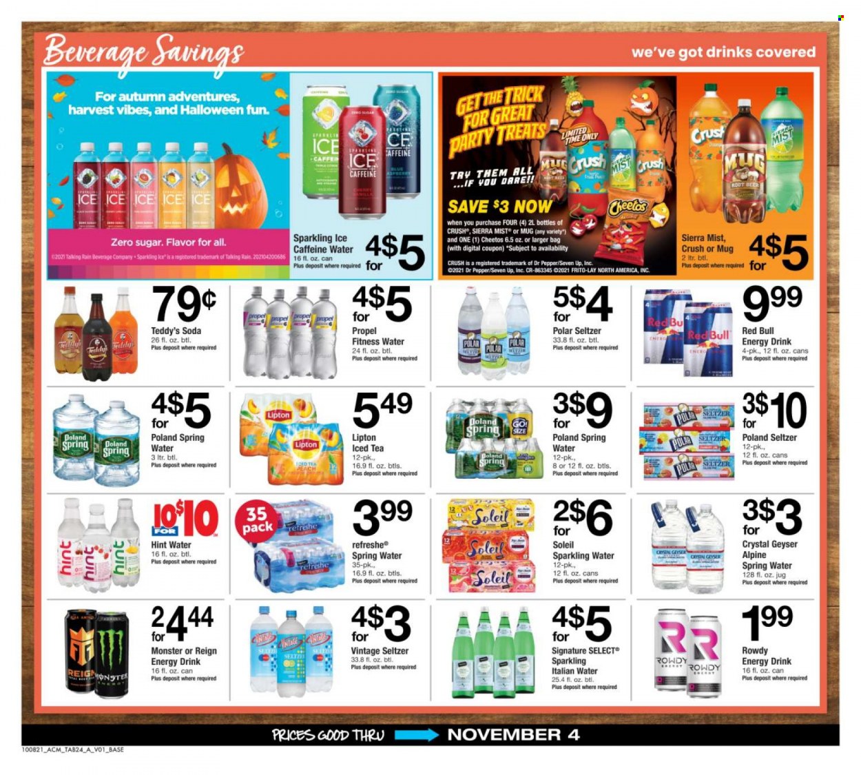 thumbnail - ACME Flyer - 10/08/2021 - 11/04/2021 - Sales products - Cheetos, Frito-Lay, energy drink, Monster, Lipton, ice tea, Dr. Pepper, 7UP, Red Bull, Sierra Mist, seltzer water, spring water, soda, sparkling water, beer, bag, mug, Halloween, teddy. Page 24.