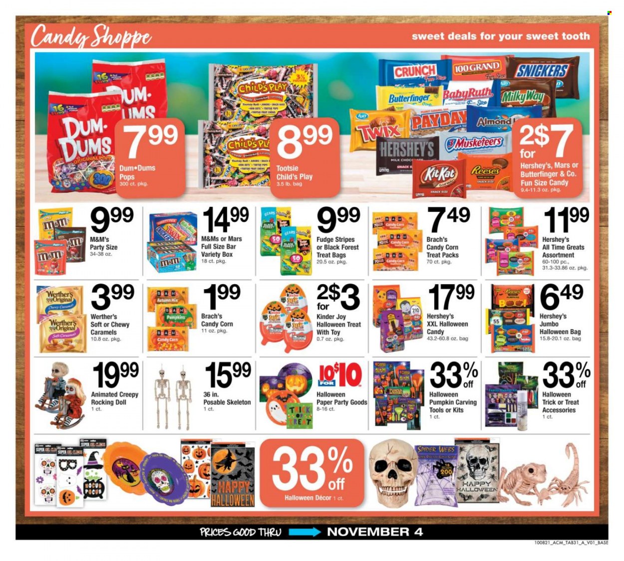 thumbnail - ACME Flyer - 10/08/2021 - 11/04/2021 - Sales products - corn, pumpkin, Reese's, Hershey's, fudge, snack, Kinder Joy, Milky Way, Snickers, Twix, Mars, KitKat, M&M's, paper, Halloween, doll. Page 31.