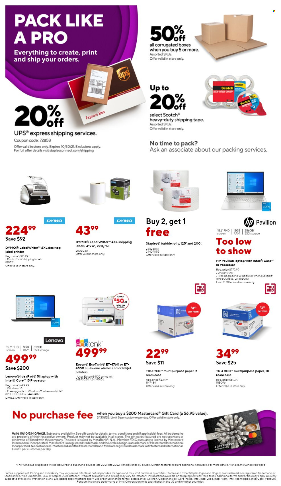 thumbnail - Staples Flyer - 10/10/2021 - 10/16/2021 - Sales products - Intel, Lenovo, Hewlett Packard, laptop, ink printer, printer, Epson. Page 1.