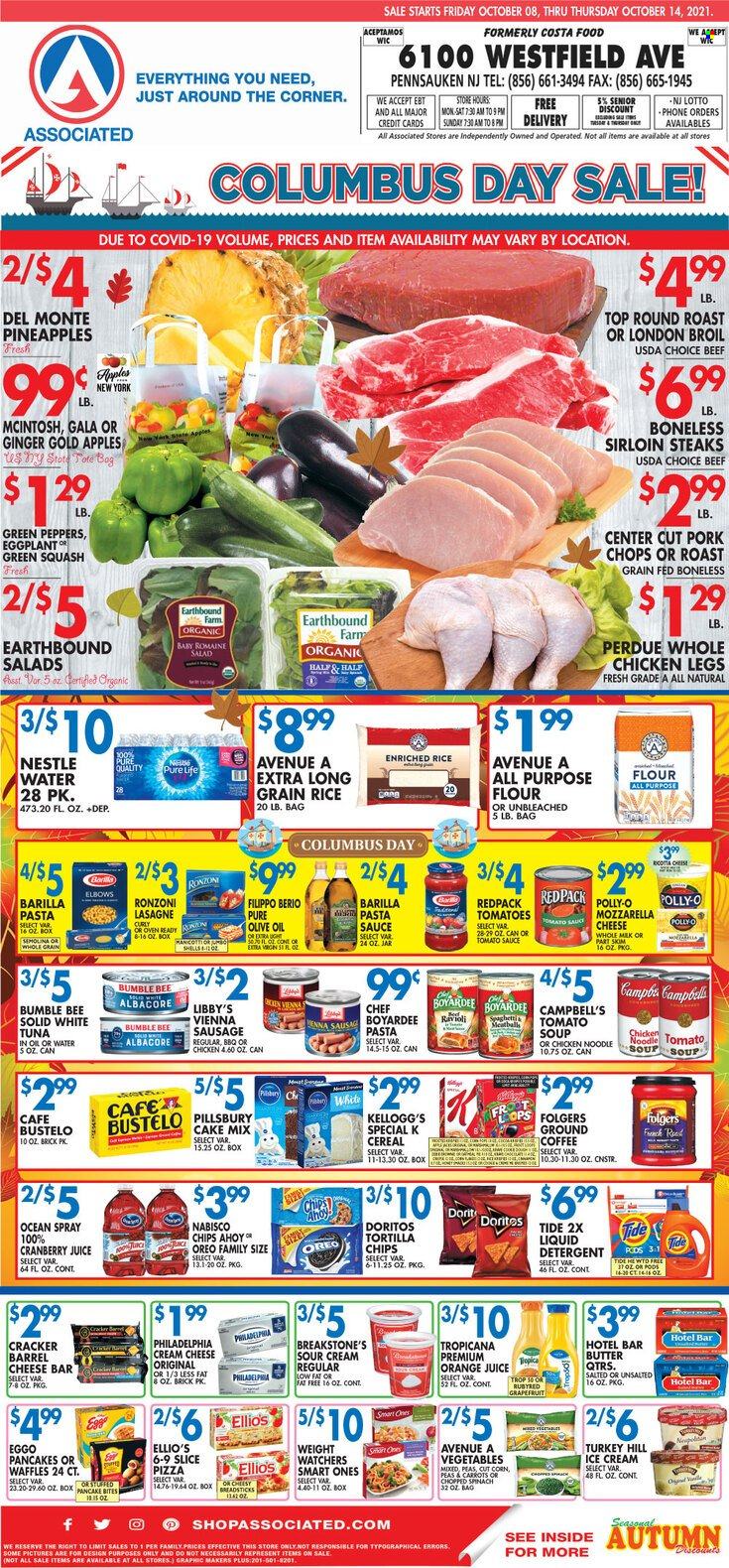 thumbnail - Associated Supermarkets Flyer - 10/08/2021 - 10/14/2021 - Sales products - waffles, cake mix, carrots, corn, ginger, zucchini, eggplant, apples, Gala, pineapple, tuna, Campbell's, ravioli, tomato soup, pizza, pasta sauce, soup, Bumble Bee, sauce, Pillsbury, Barilla, noodles, Perdue®, sausage, vienna sausage, cream cheese, Philadelphia, Oreo, butter, sour cream, ice cream, Nestlé, crackers, Kellogg's, Doritos, tortilla chips, chips, all purpose flour, tomato sauce, cereals, rice, long grain rice, olive oil, oil, cranberry juice, orange juice, juice, coffee, Folgers, ground coffee, whole chicken, chicken legs, beef meat, steak, round roast, sirloin steak, pork chops, pork meat, detergent, Tide, liquid detergent. Page 1.