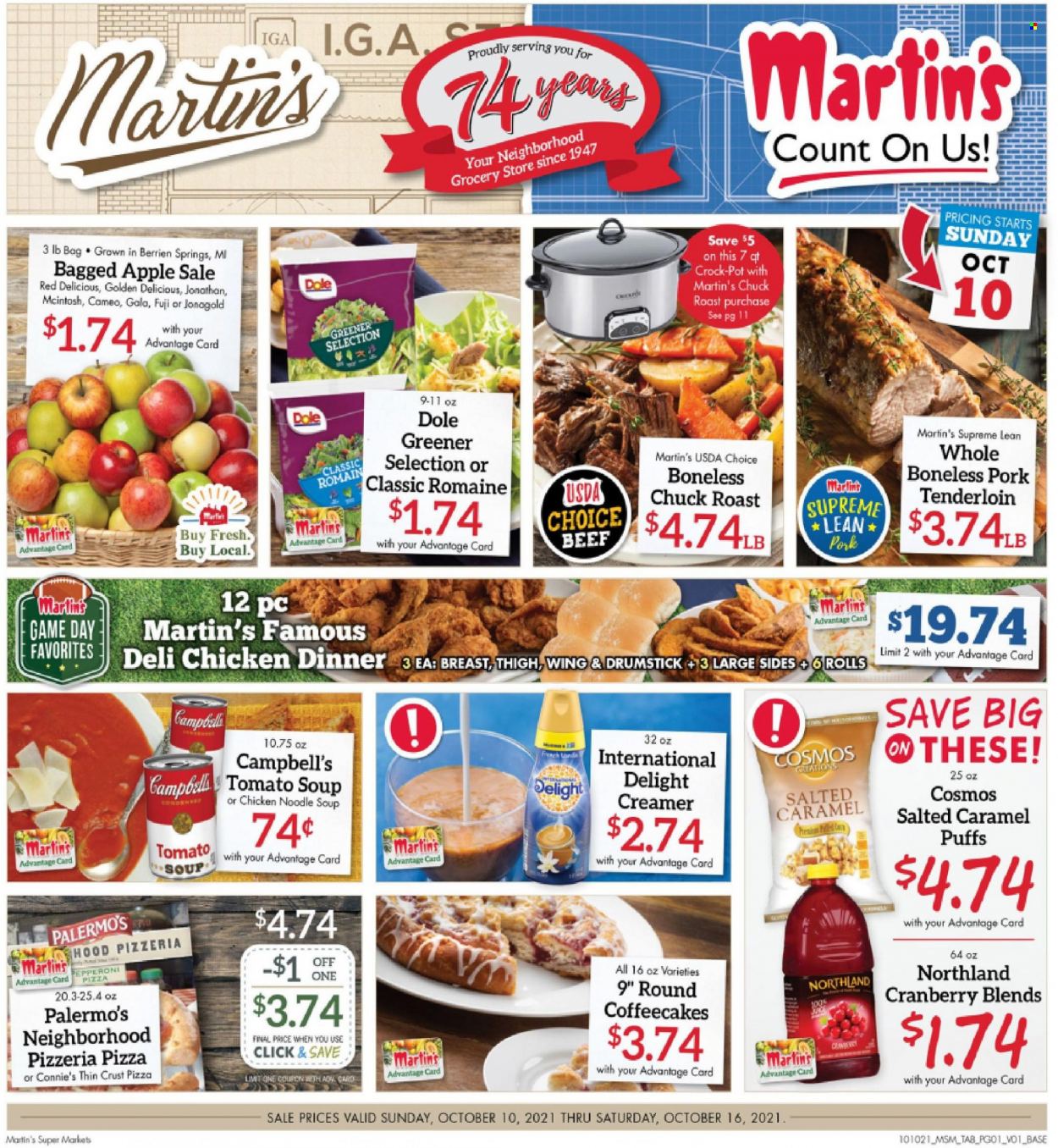 thumbnail - Martin’s Flyer - 10/10/2021 - 10/16/2021 - Sales products - puffs, coffee cake, Dole, Gala, Red Delicious apples, Golden Delicious, Campbell's, tomato soup, pizza, soup, noodles cup, noodles, pepperoni, creamer, beef meat, chuck roast, pork meat, pork tenderloin, pot. Page 1.