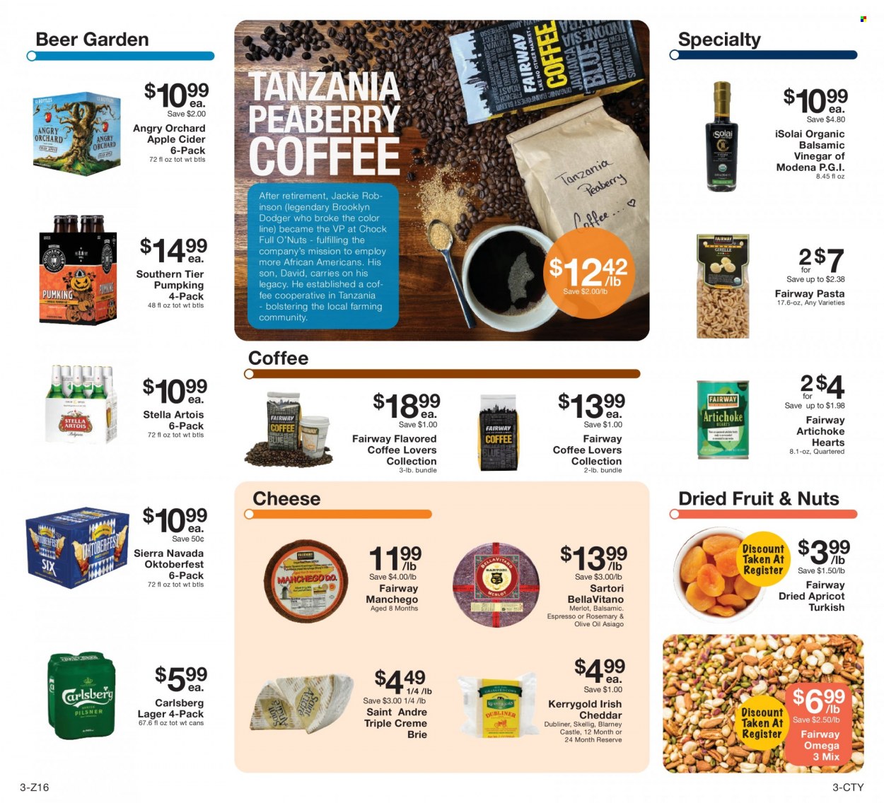 thumbnail - Fairway Market Flyer - 10/08/2021 - 10/14/2021 - Sales products - artichoke, pasta, asiago, Manchego, cheddar, cheese, brie, BellaVitano, rosemary, balsamic vinegar, vinegar, olive oil, oil, dried fruit, coffee, apple cider, cider, beer, Carlsberg, Castle, Lager, Stella Artois. Page 3.