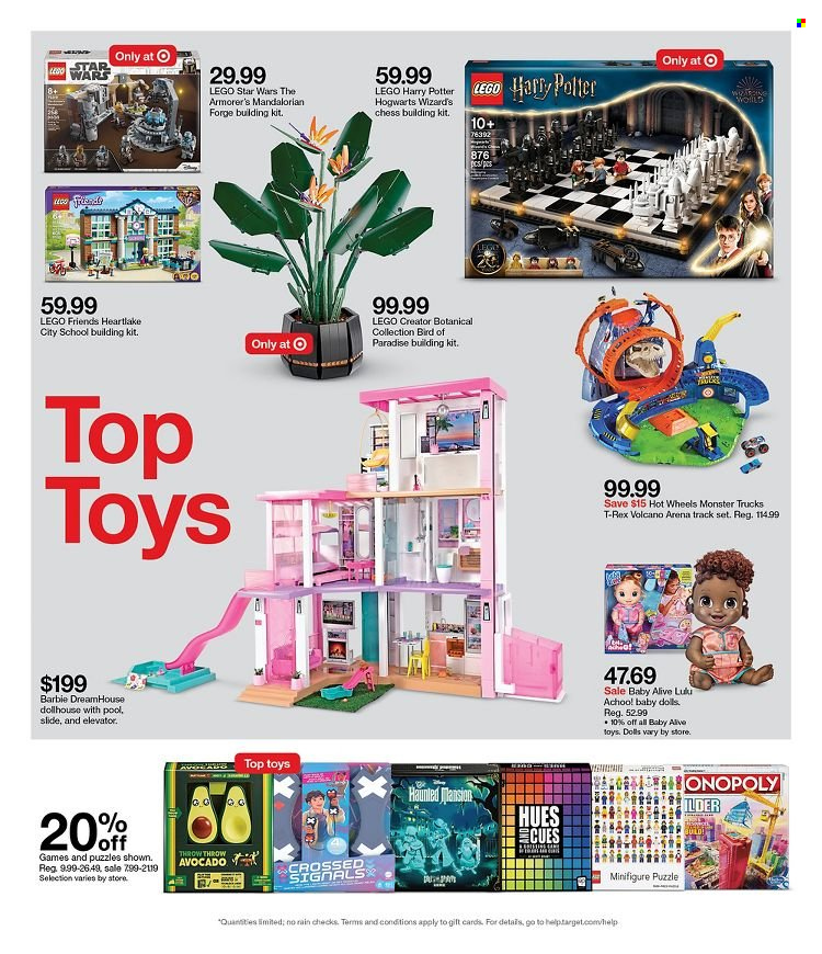 thumbnail - Target Flyer - 10/10/2021 - 10/16/2021 - Sales products - avocado, Hot Wheels, Barbie, Harry Potter, Hogwarts, doll, LEGO, LEGO Creator, LEGO Friends, LEGO Harry Potter, LEGO Star Wars, toys, puzzle, minifigure, Monster Trucks. Page 14.