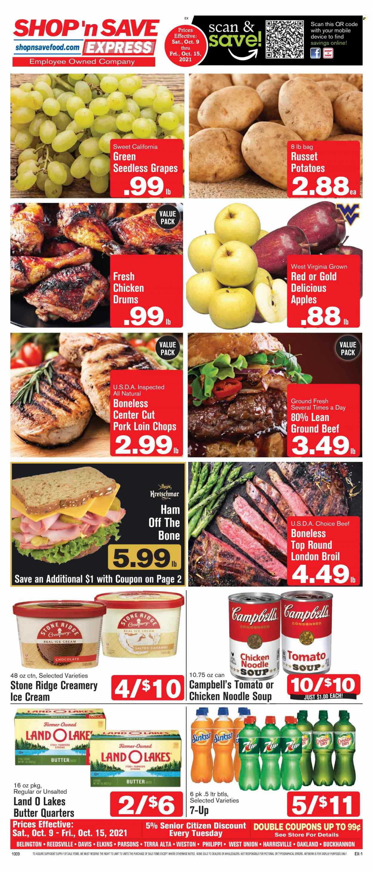 thumbnail - Shop ‘n Save Express Flyer - 10/09/2021 - 10/15/2021 - Sales products - seedless grapes, russet potatoes, potatoes, apples, grapes, beef meat, ground beef, pork chops, pork loin, pork meat, Campbell's, soup, noodles cup, noodles, ham, ham off the bone, butter, ice cream, 7UP. Page 1.