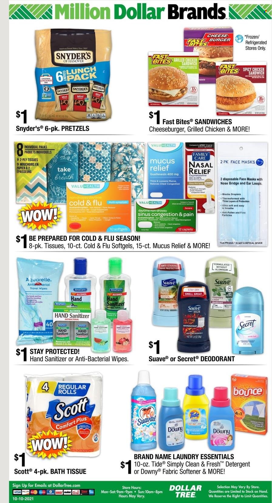 thumbnail - Dollar Tree Flyer - 10/10/2021 - 10/23/2021 - Sales products - pretzels, sandwich, hamburger, cheeseburger, cheese, Thins, wipes, bath tissue, Scott, detergent, Tide, fabric softener, laundry detergent, Suave, face mask, anti-perspirant, deodorant, hand sanitizer, Cold & Flu. Page 8.