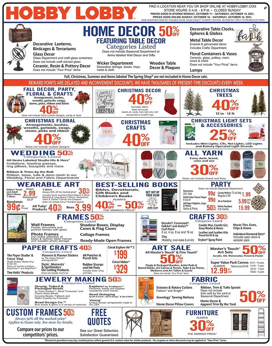 thumbnail - Hobby Lobby Flyer - 10/10/2021 - 10/16/2021 - Sales products - sticker, scissors, eraser, photo frame, paper, pencil, canvas, ribbon, napkins, pillow cover, wall decor, christmas tree, christmas decor, vase. Page 1.