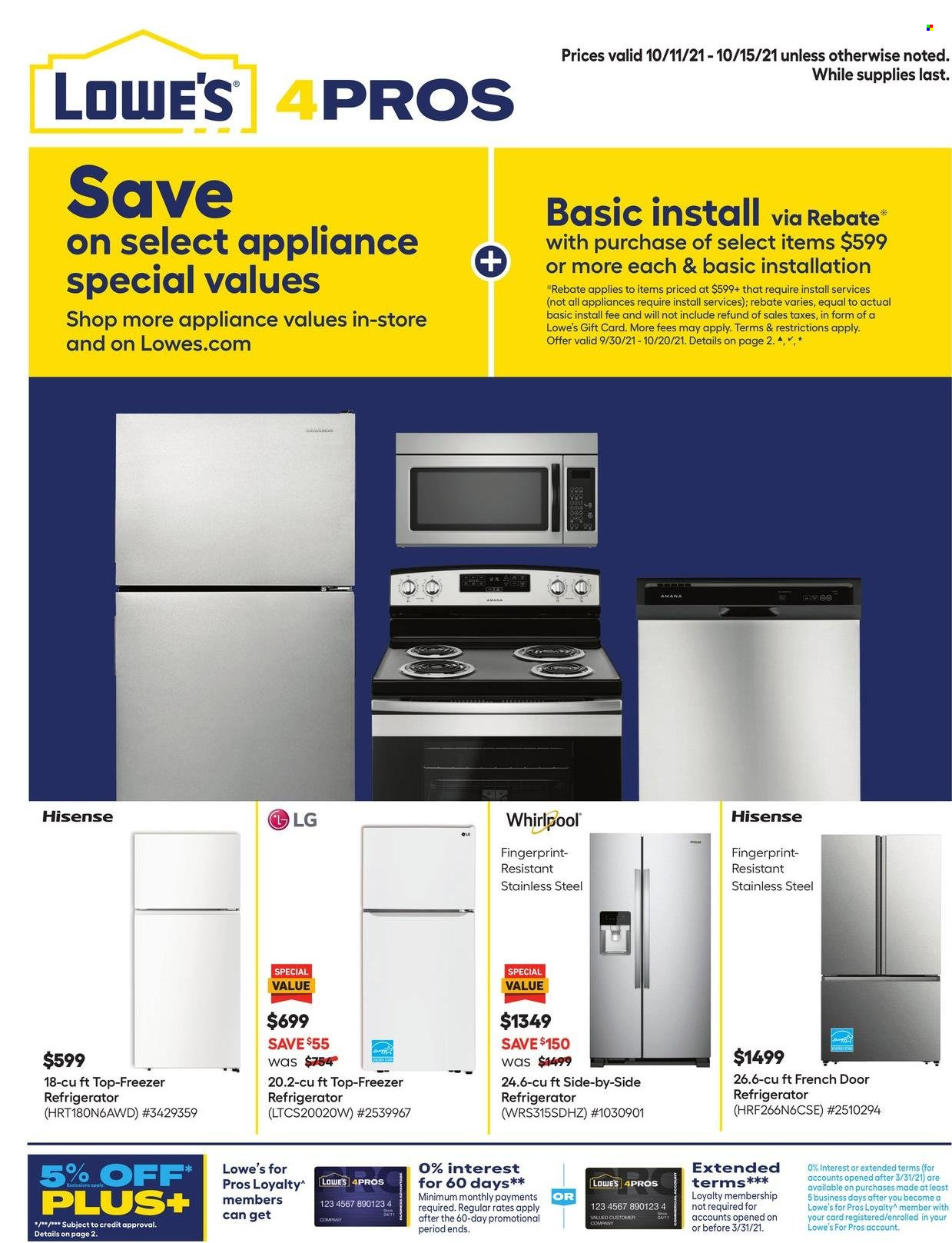 thumbnail - Lowe's Flyer - 10/11/2021 - 10/15/2021 - Sales products - LG, Amana, Whirlpool, freezer, refrigerator, Hisense. Page 1.