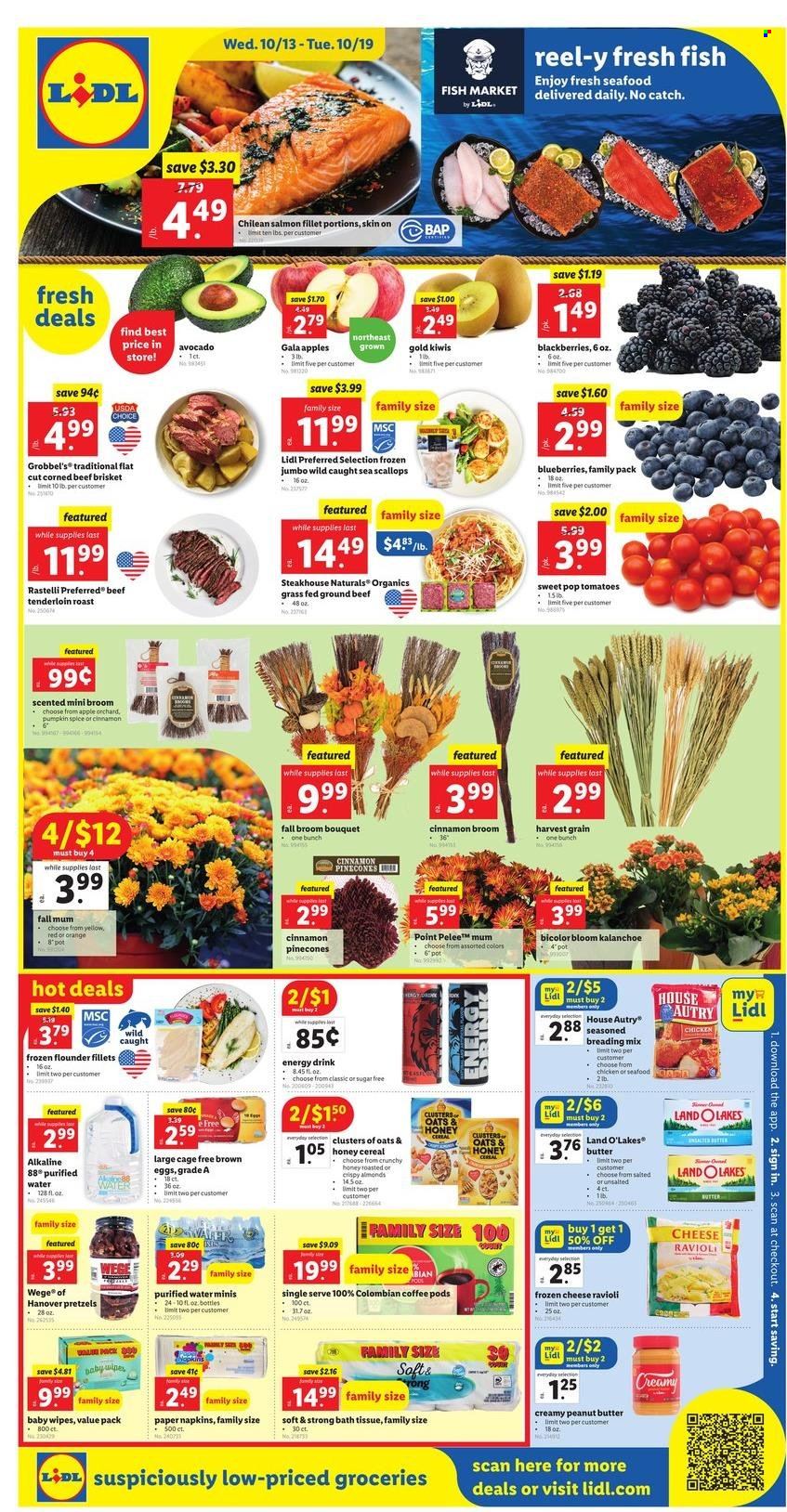 thumbnail - Lidl Flyer - 10/13/2021 - 10/19/2021 - Sales products - pretzels, tomatoes, pumpkin, apples, avocado, blackberries, blueberries, Gala, kiwi, oranges, flounder, salmon, salmon fillet, scallops, seafood, ravioli, corned beef, cheese, eggs, cage free eggs, cereals, cinnamon, honey, peanut butter, almonds, energy drink, purified water, coffee pods, beef meat, ground beef, beef brisket, wipes, baby wipes, napkins, bath tissue, Mum, broom, pot, paper, reel, bouquet. Page 1.