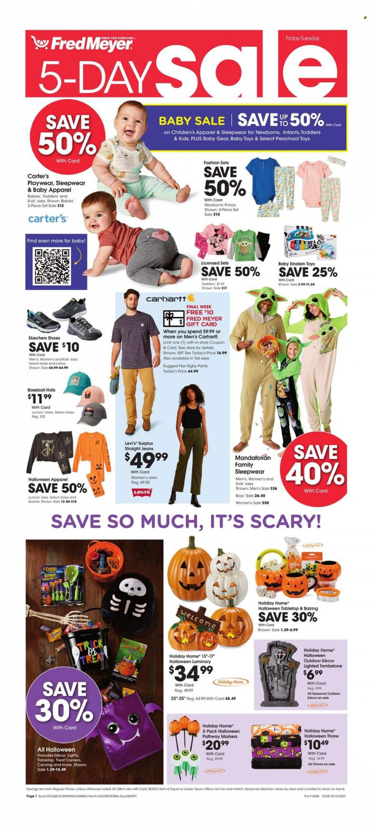 thumbnail - Fred Meyer Flyer - 10/08/2021 - 10/12/2021 - Sales products - shoes, Skechers, pants, Halloween, Levi's, jeans, t-shirt, hat, Baby Einstein, sleepwear. Page 1.