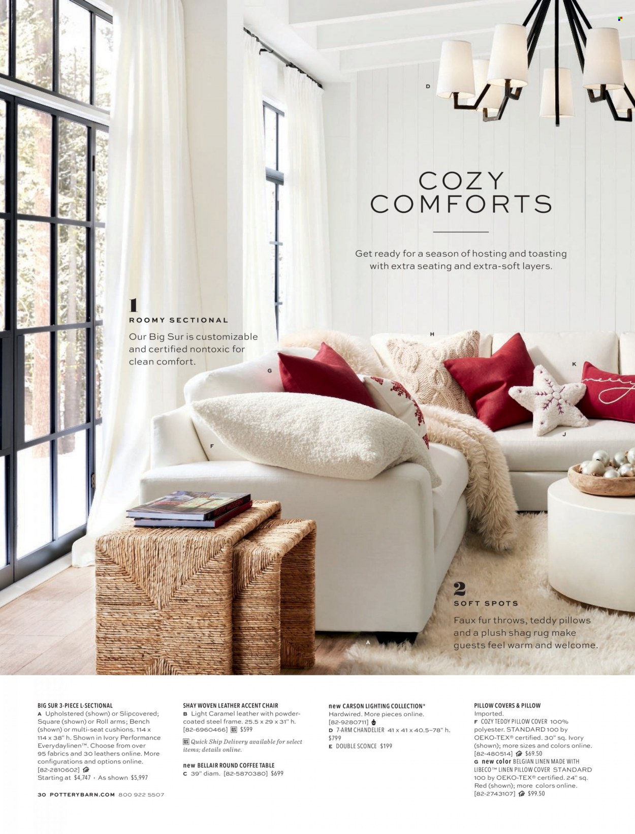 thumbnail - Pottery Barn Flyer - Sales products - table, chair, bench, accent chair, coffee table, cushion, linens, pillow cover, chandelier, rug. Page 30.