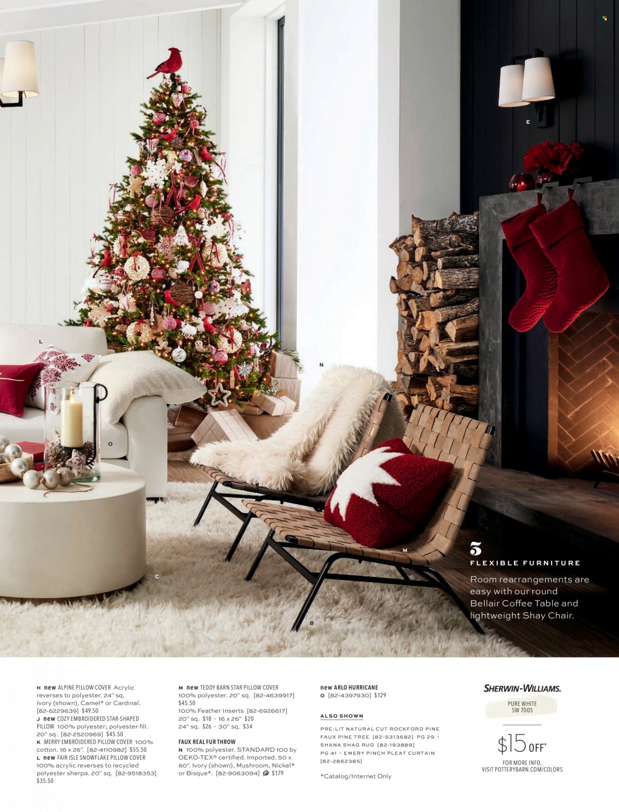 thumbnail - Pottery Barn Flyer - Sales products - table, chair, coffee table, pillow cover, curtain, rug, pine tree. Page 31.