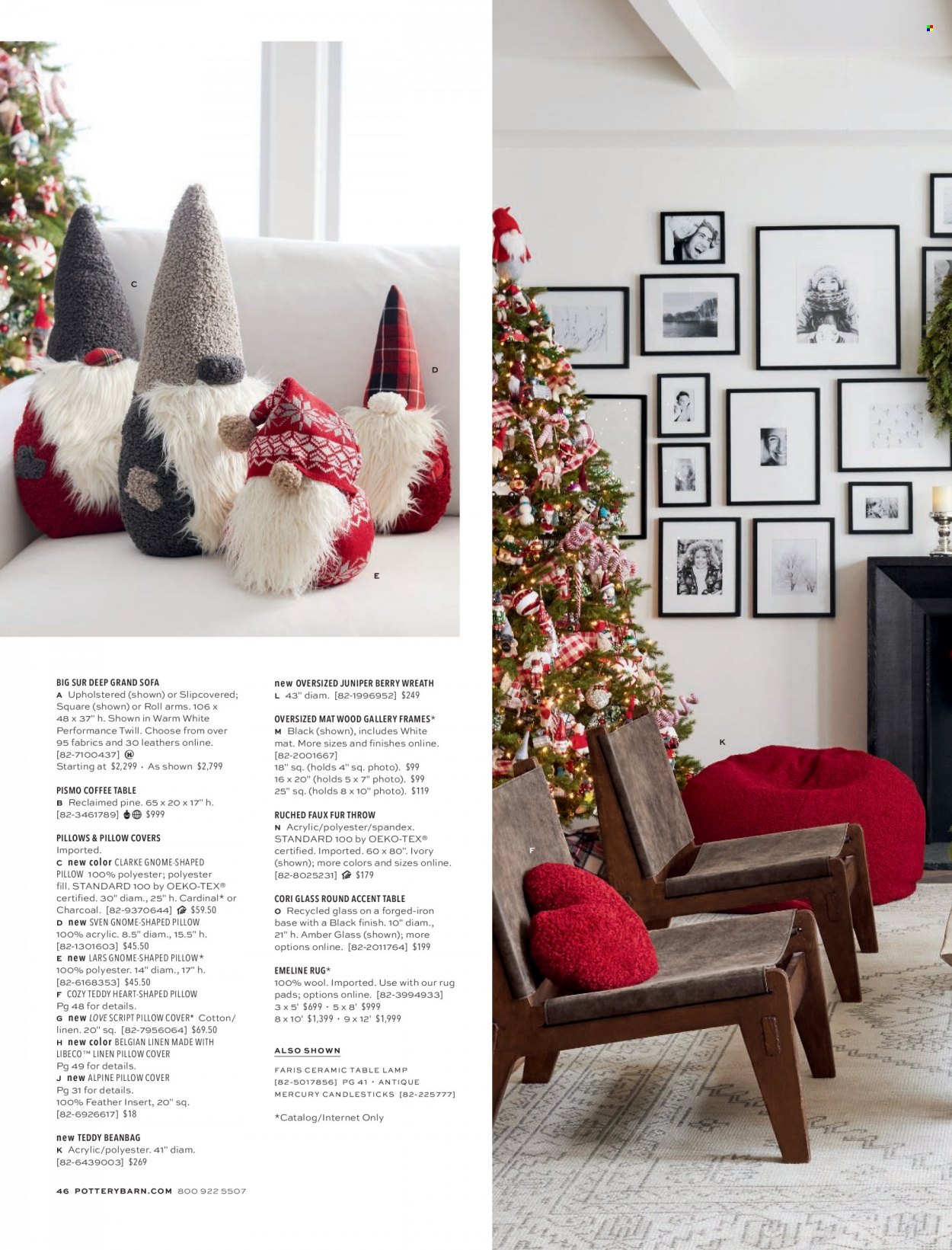 thumbnail - Pottery Barn Flyer - Sales products - table, sofa, coffee table, wreath, linens, pillow cover, rug. Page 46.