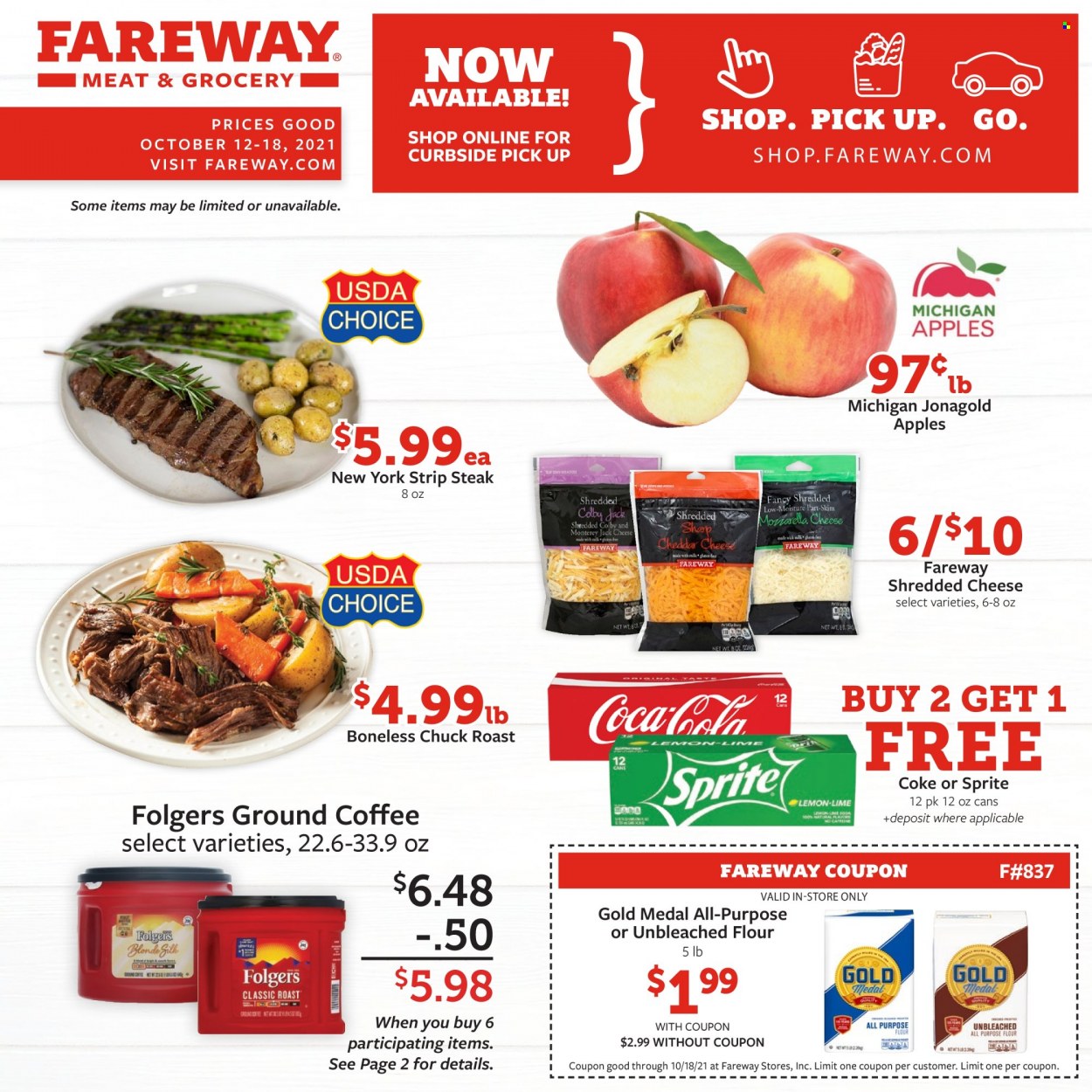 Fareway Flyer - 10/12/2021 - 10/18/2021 - Sales products - apples, shredded cheese, flour, Coca-Cola, Sprite, coffee, Folgers, ground coffee, beef meat, steak, chuck roast, striploin steak. Page 1.