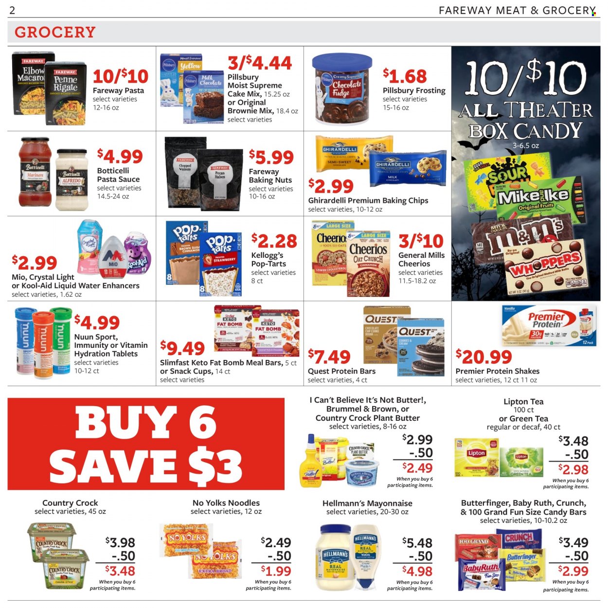 thumbnail - Fareway Flyer - 10/12/2021 - 10/18/2021 - Sales products - brownie mix, cake mix, pasta sauce, sauce, Pillsbury, noodles, Slimfast, protein drink, shake, butter, I Can't Believe It's Not Butter, mayonnaise, Hellmann’s, Kellogg's, Pop-Tarts, Ghirardelli, frosting, baking chips, Cheerios, protein bar, Lipton, green tea. Page 2.