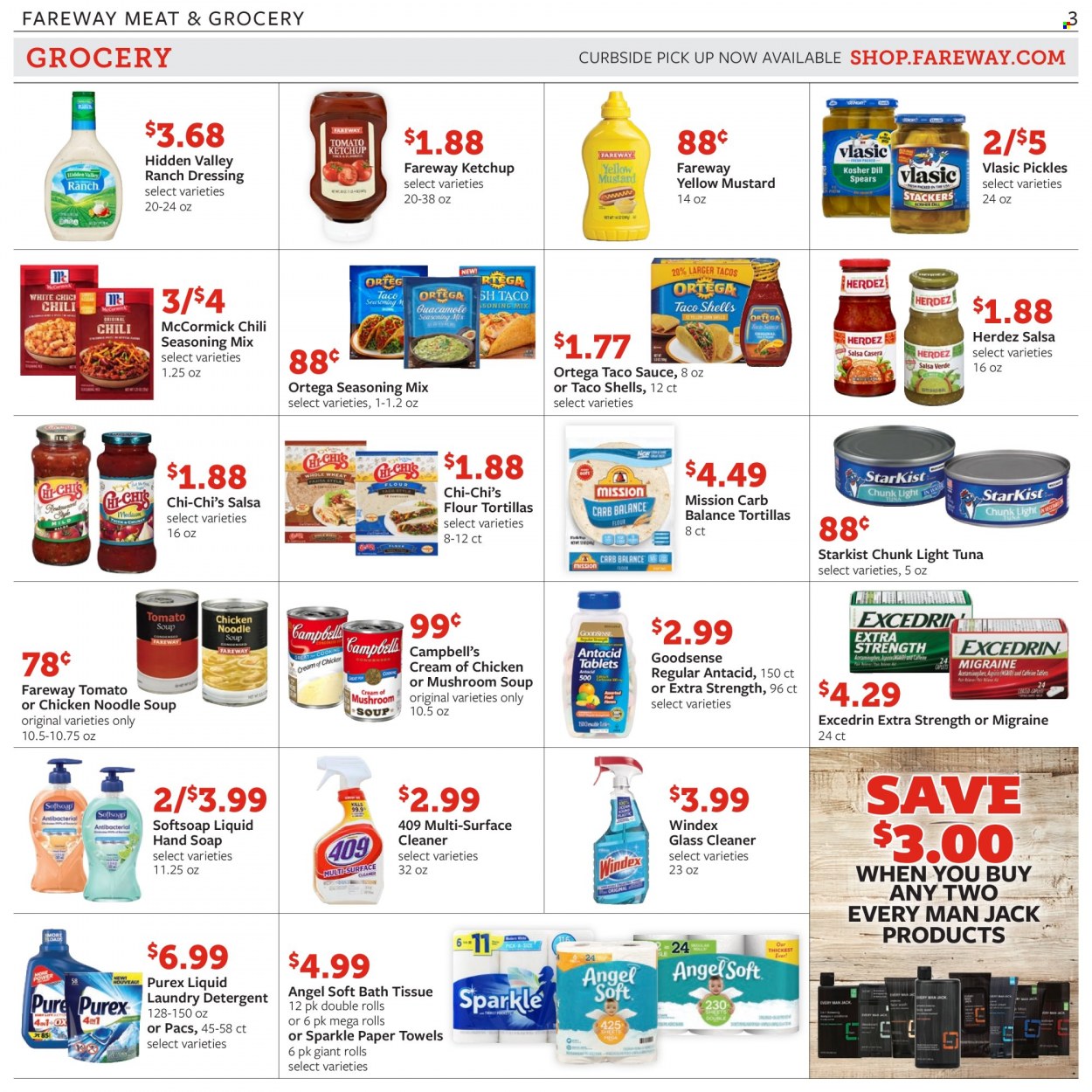 thumbnail - Fareway Flyer - 10/12/2021 - 10/18/2021 - Sales products - tortillas, flour tortillas, tuna, StarKist, Campbell's, mushroom soup, soup, noodles cup, noodles, ranch dressing, pickles, light tuna, spice, mustard, taco sauce, ketchup, dressing, salsa, bath tissue, kitchen towels, paper towels, detergent, Windex, surface cleaner, cleaner, glass cleaner, laundry detergent, Purex, Softsoap, hand soap, soap. Page 3.