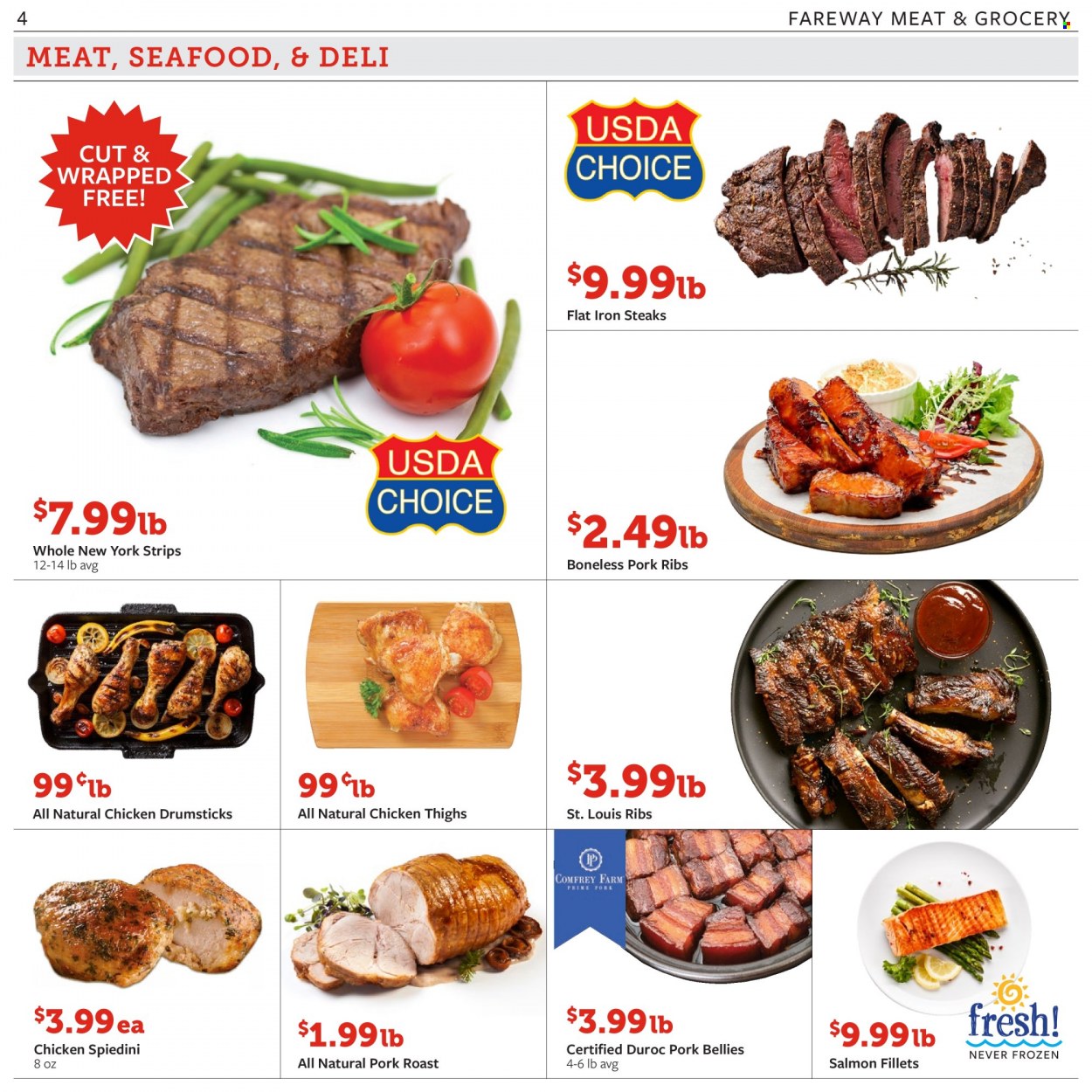 thumbnail - Fareway Flyer - 10/12/2021 - 10/18/2021 - Sales products - salmon, salmon fillet, seafood, strips, chicken thighs, chicken drumsticks, steak, pork belly, pork meat, pork ribs, pork roast. Page 4.