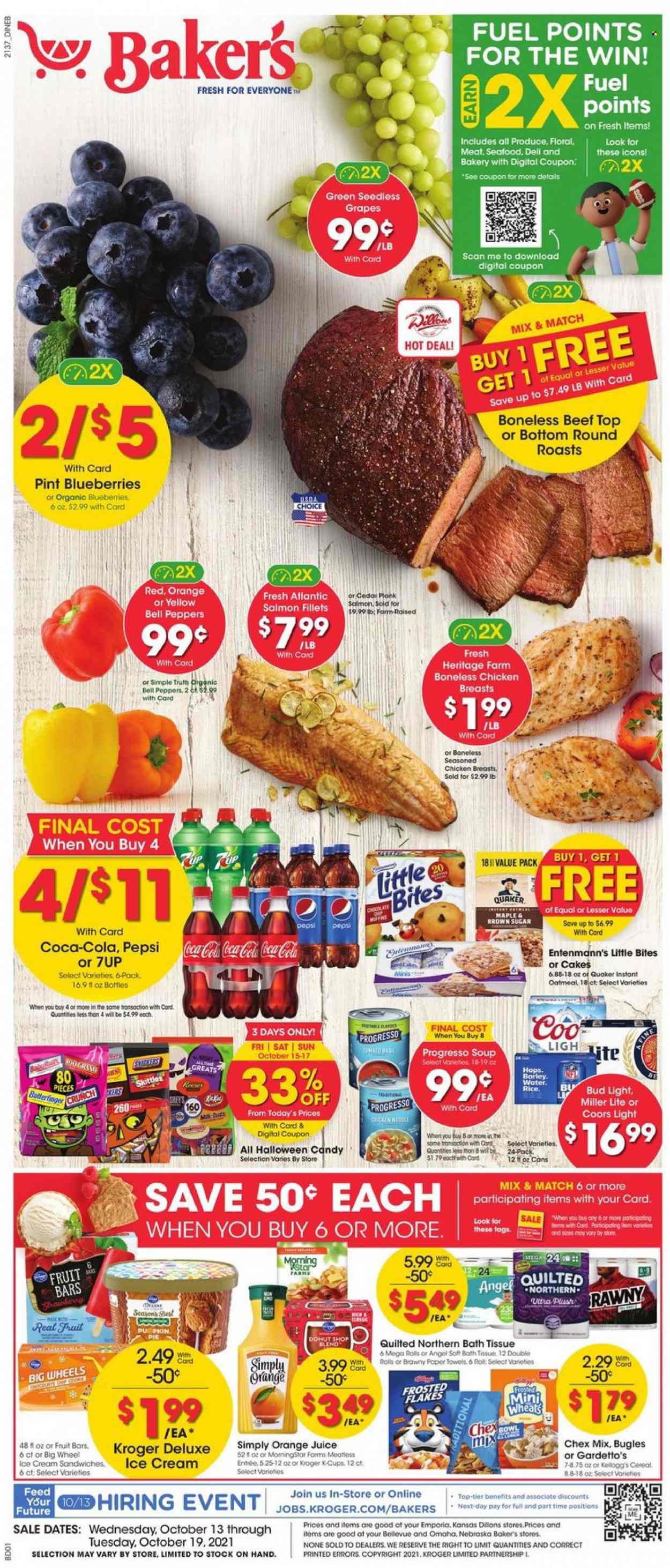 thumbnail - Baker's Flyer - 10/13/2021 - 10/19/2021 - Sales products - seedless grapes, cake, pie, Entenmann's, bell peppers, peppers, blueberries, grapes, salmon, salmon fillet, seafood, Quaker, Progresso, ice cream, ice cream sandwich, Milk Duds, Kellogg's, Skittles, Little Bites, Chex Mix, oatmeal, cereals, Frosted Flakes, Coca-Cola, Pepsi, orange juice, juice, 7UP, coffee capsules, K-Cups, beer, Bud Light, chicken breasts, bath tissue, Quilted Northern, bowl, towel, Bakers, Halloween, Miller Lite, Coors. Page 1.
