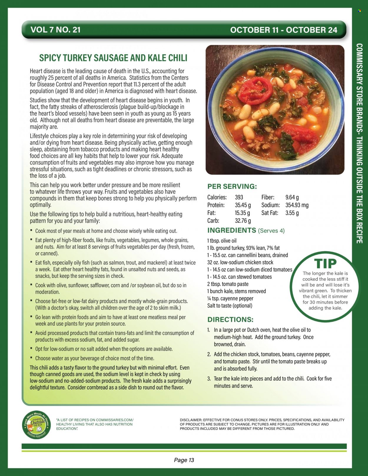 thumbnail - Commissary Flyer - 10/11/2021 - 10/24/2021 - Sales products - corn bread, kale, mackerel, salmon, trout, fish, sausage, milk, snack, cannellini beans, tomato paste, pepper, soya oil, olive oil, switch, ground turkey, Plenty. Page 13.