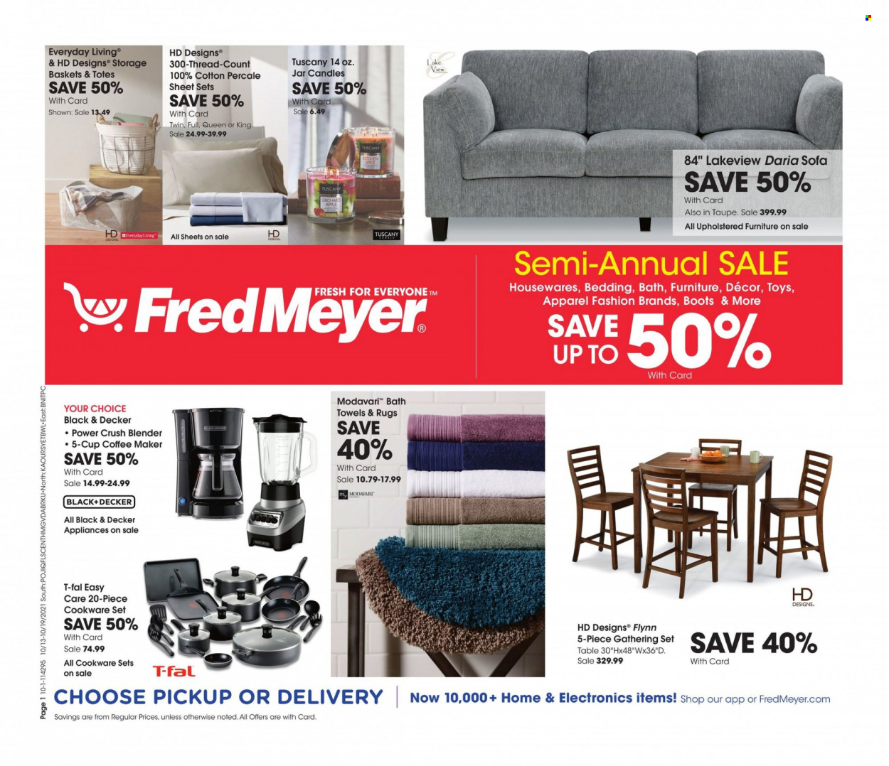 thumbnail - Fred Meyer Flyer - 10/13/2021 - 10/19/2021 - Sales products - boots, Apple, basket, cookware set, cup, candle, bedding, bath towel, towel, coffee machine, Black & Decker, blender, table, Lack, sofa, tote, toys, rug. Page 1.