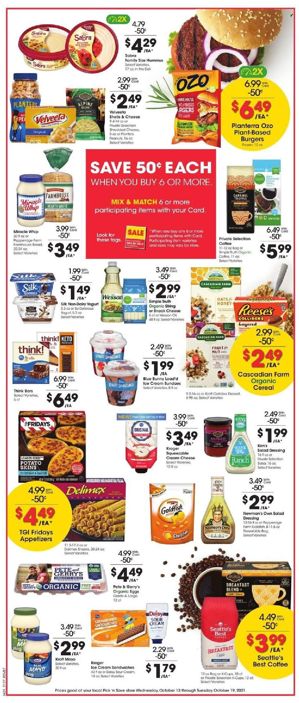 thumbnail - Pick ‘n Save Flyer - 10/13/2021 - 10/19/2021 - Sales products - bread, hamburger, bacon, hummus, cream cheese, yoghurt, Silk, eggs, sour cream, mayonnaise, Miracle Whip, ice cream, ice cream sandwich, Reese's, Blue Bunny, truffles, Goldfish, cereals, salad dressing, dressing, salsa, honey, peanuts, Planters, organic coffee, coffee capsules, K-Cups, breakfast blend. Page 3.