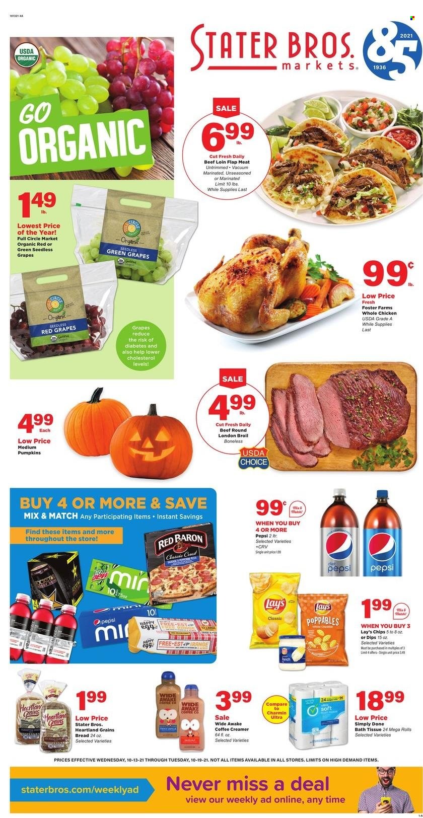 thumbnail - Stater Bros. Flyer - 10/13/2021 - 10/19/2021 - Sales products - bread, pumpkin, grapes, creamer, chips, Lay’s, Heartland, Pepsi, whole chicken, bath tissue, Charmin. Page 1.