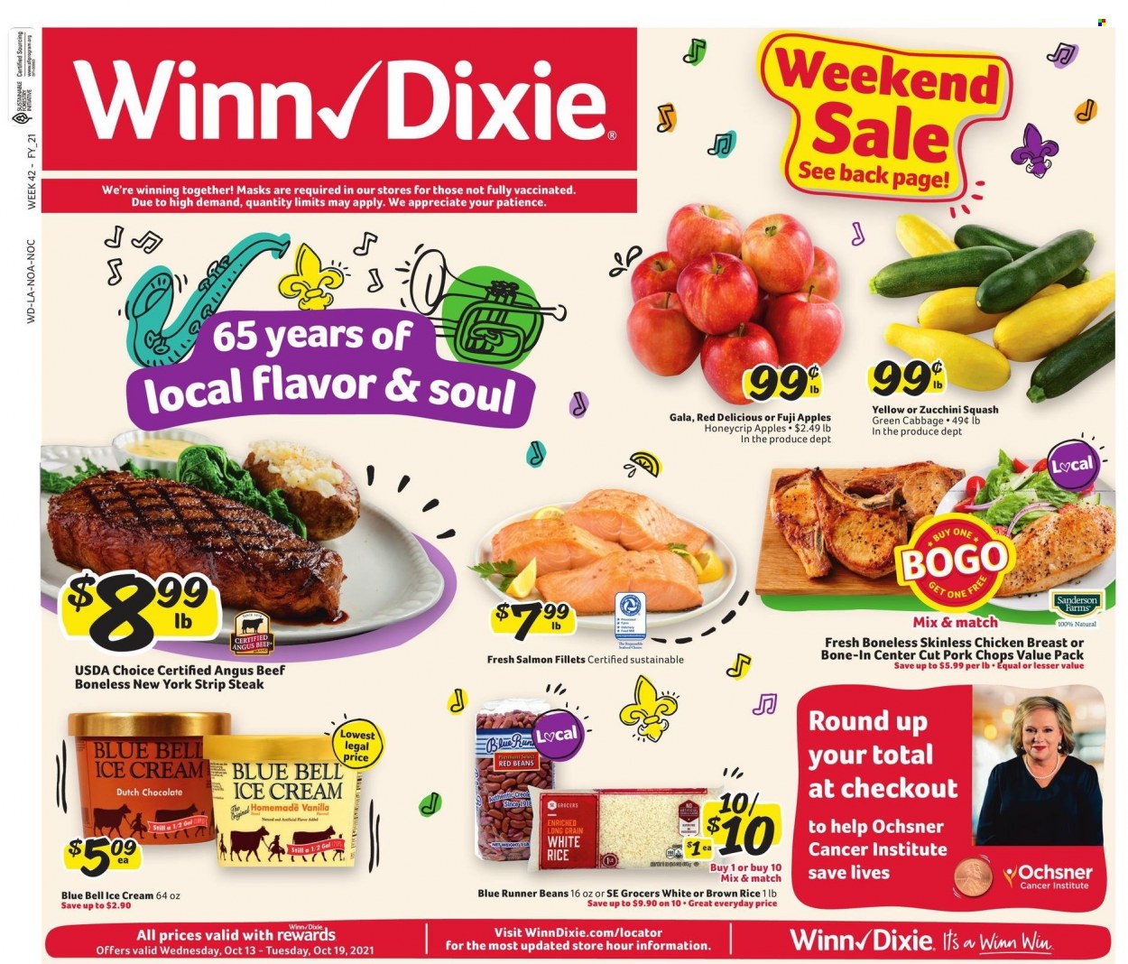 thumbnail - Winn Dixie Flyer - 10/13/2021 - 10/19/2021 - Sales products - beans, cabbage, zucchini, apples, Gala, Red Delicious apples, Fuji apple, salmon, salmon fillet, ice cream, Blue Bell, red beans, brown rice, rice, white rice, chicken breasts, beef meat, steak, striploin steak, pork chops, pork meat. Page 1.