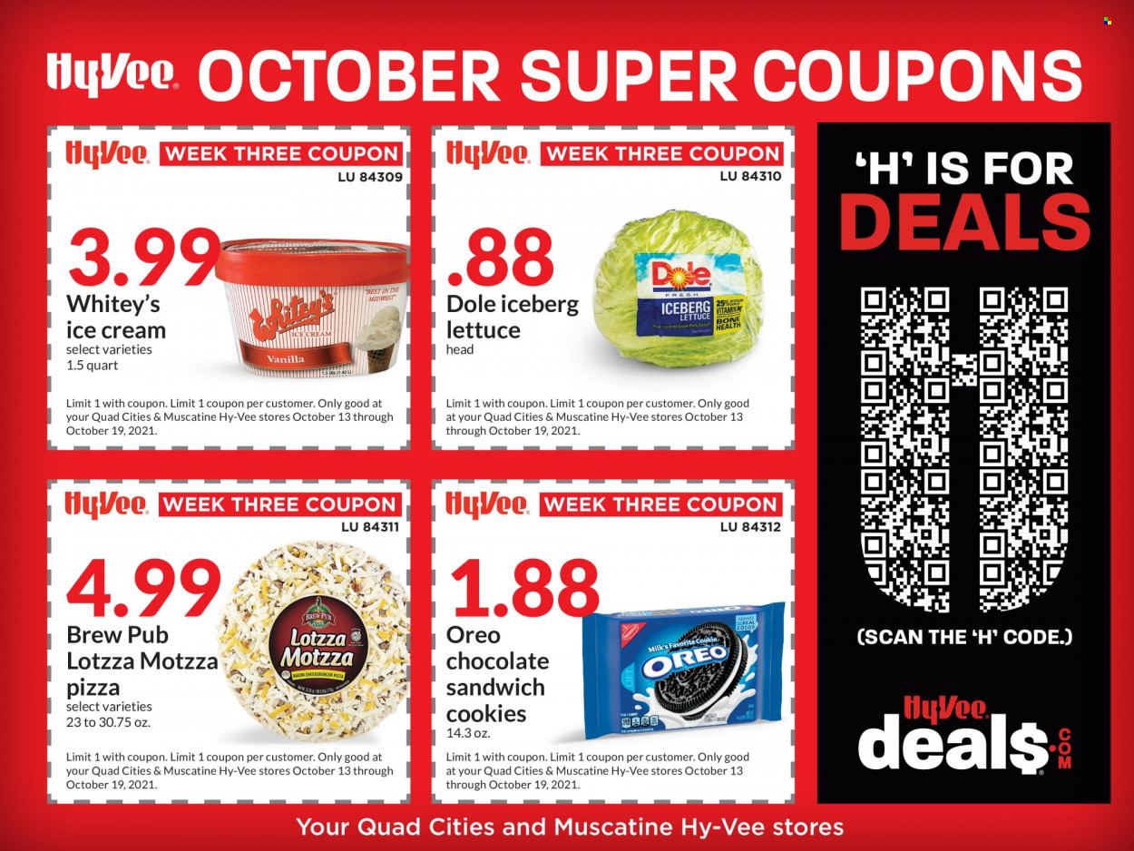 thumbnail - Hy-Vee Flyer - 10/13/2021 - 10/19/2021 - Sales products - lettuce, Dole, pizza, sandwich, Oreo, milk, ice cream, cookies, sandwich cookies. Page 1.
