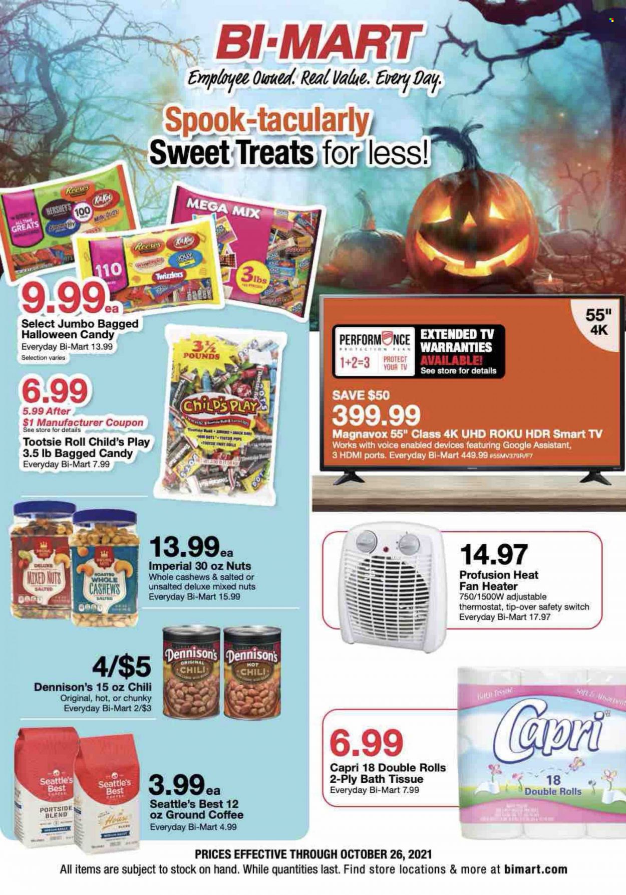 thumbnail - Bi-Mart Flyer - 10/13/2021 - 10/26/2021 - Sales products - Halloween, Reese's, cashews, mixed nuts, switch, coffee, ground coffee, bath tissue, smart tv, TV, heater, fan heater. Page 1.