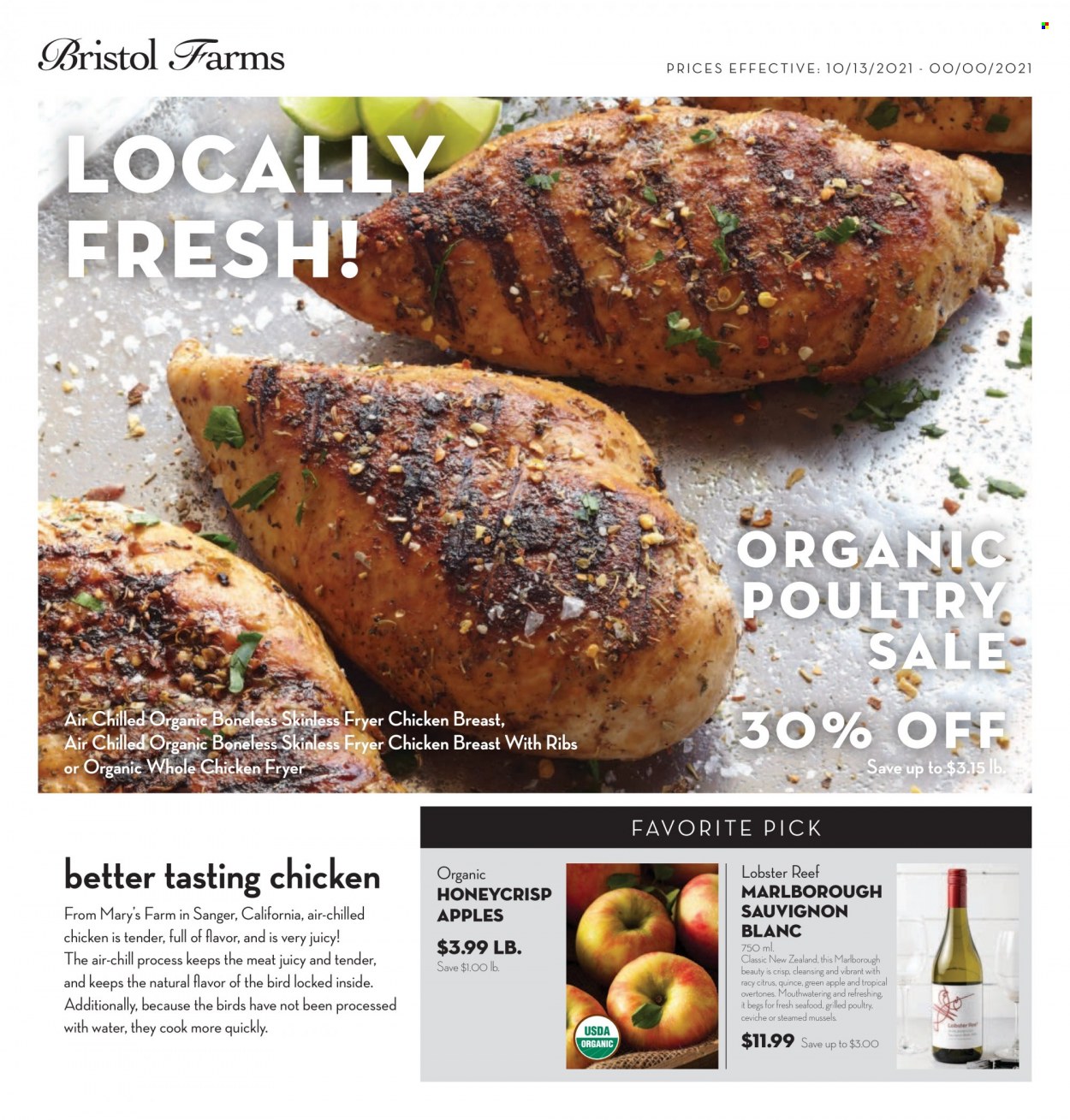 thumbnail - Bristol Farms Flyer - 10/13/2021 - 10/26/2021 - Sales products - quince, apples, lobster, mussels, seafood, white wine, wine, Sauvignon Blanc, whole chicken, chicken breasts. Page 1.
