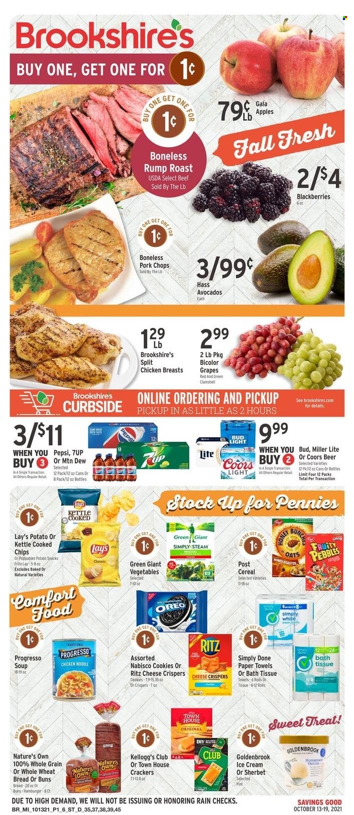 thumbnail - Brookshires Flyer - 10/13/2021 - 10/19/2021 - Sales products - wheat bread, buns, apples, avocado, blackberries, Gala, grapes, hamburger, noodles, Progresso, Oreo, ice cream, cookies, snack, crackers, Kellogg's, RITZ, chips, Lay’s, oats, cereals, Fruity Pebbles, Mountain Dew, Pepsi, 7UP, beer, Bud Light, chicken breasts, pork chops, pork meat, bath tissue, kitchen towels, paper towels, Nature's Own, Miller Lite, Coors. Page 1.