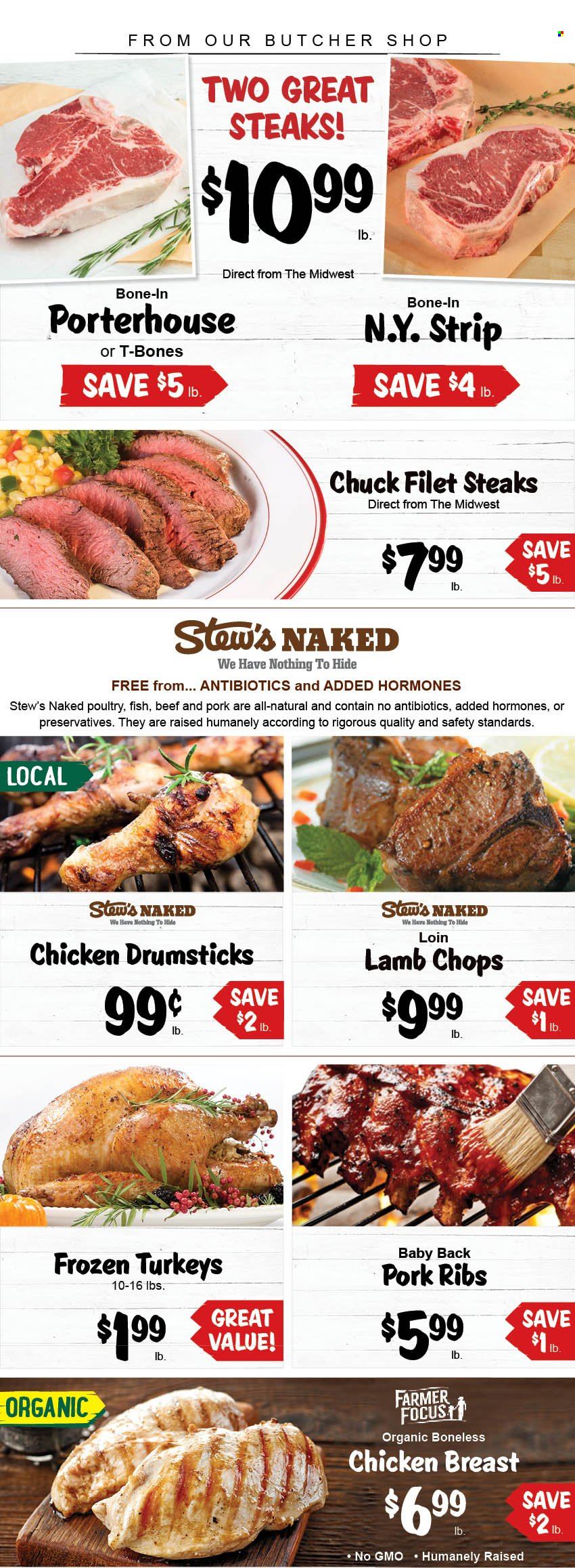 thumbnail - Stew Leonard's Flyer - 10/13/2021 - 10/19/2021 - Sales products - chicken breasts, chicken drumsticks, steak, pork meat, pork ribs, pork back ribs, lamb chops, lamb meat, fish. Page 1.