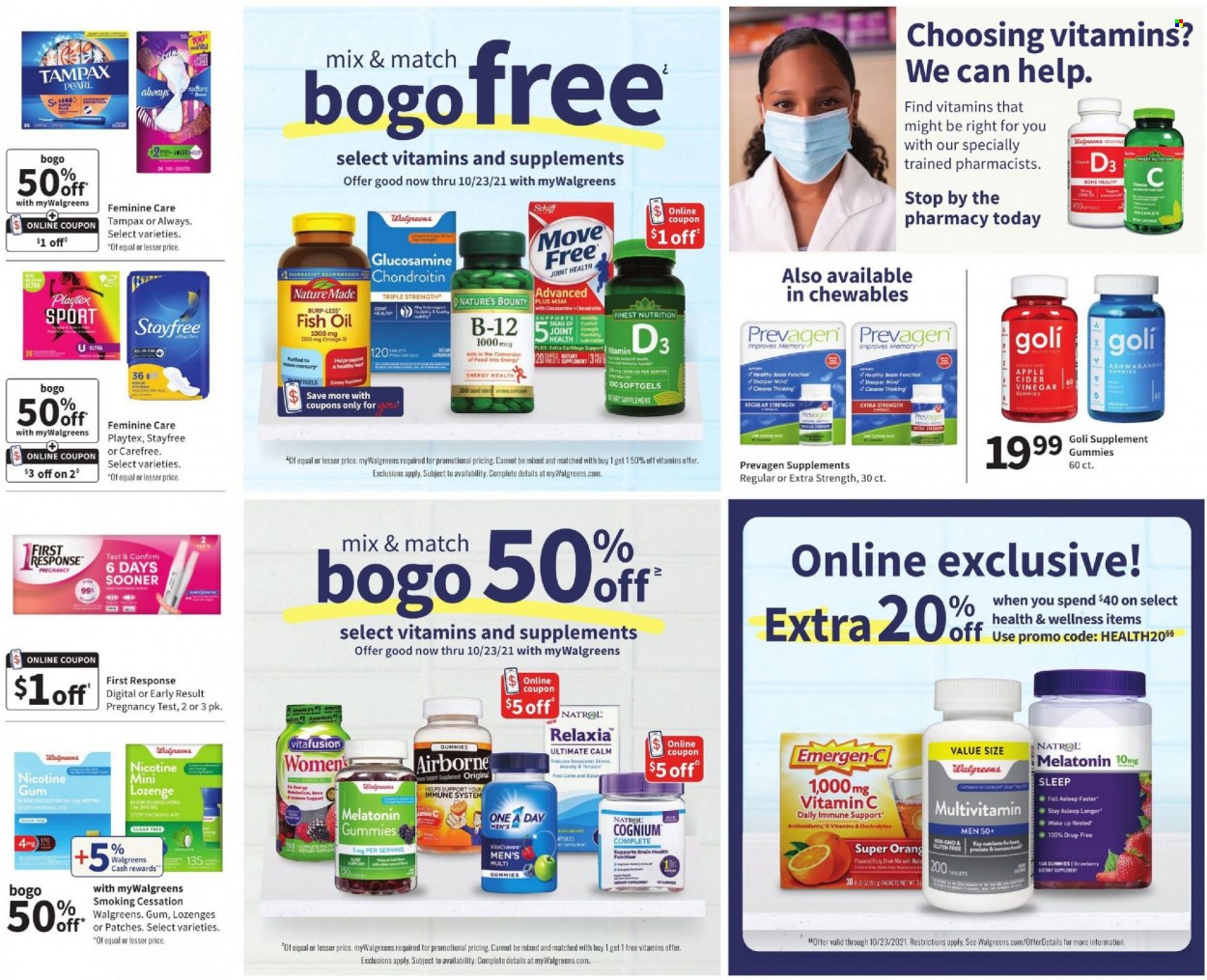 thumbnail - Walgreens Flyer - 10/17/2021 - 10/23/2021 - Sales products - Stayfree, Tampax, Playtex, Carefree, apple cider vinegar, fish oil, glucosamine, Move Free, multivitamin, Natrol, Nature Made, Nature's Bounty, Vitafusion, vitamin c, Omega-3, Emergen-C, vitamin D3, dietary supplement. Page 17.