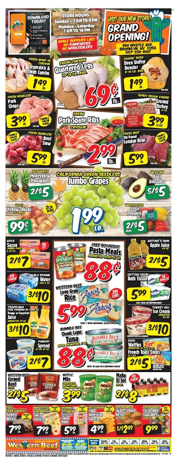 thumbnail - Western Beef Flyer - 10/14/2021 - 10/20/2021 - Sales products - cupcake, waffles, onion, peppers, avocado, grapes, pineapple, oranges, ground turkey, turkey breast, beef meat, pork chops, pork meat, pork ribs, pork spare ribs, tuna, pasta, Bumble Bee, Hormel, ham, american cheese, cheese, Milo, ice cream, Nestlé, corned beef, light tuna, Goya, Chef Boyardee, rice, honey, apple juice, juice, spring water, beer, Sol, bath tissue, Nature's Own. Page 1.
