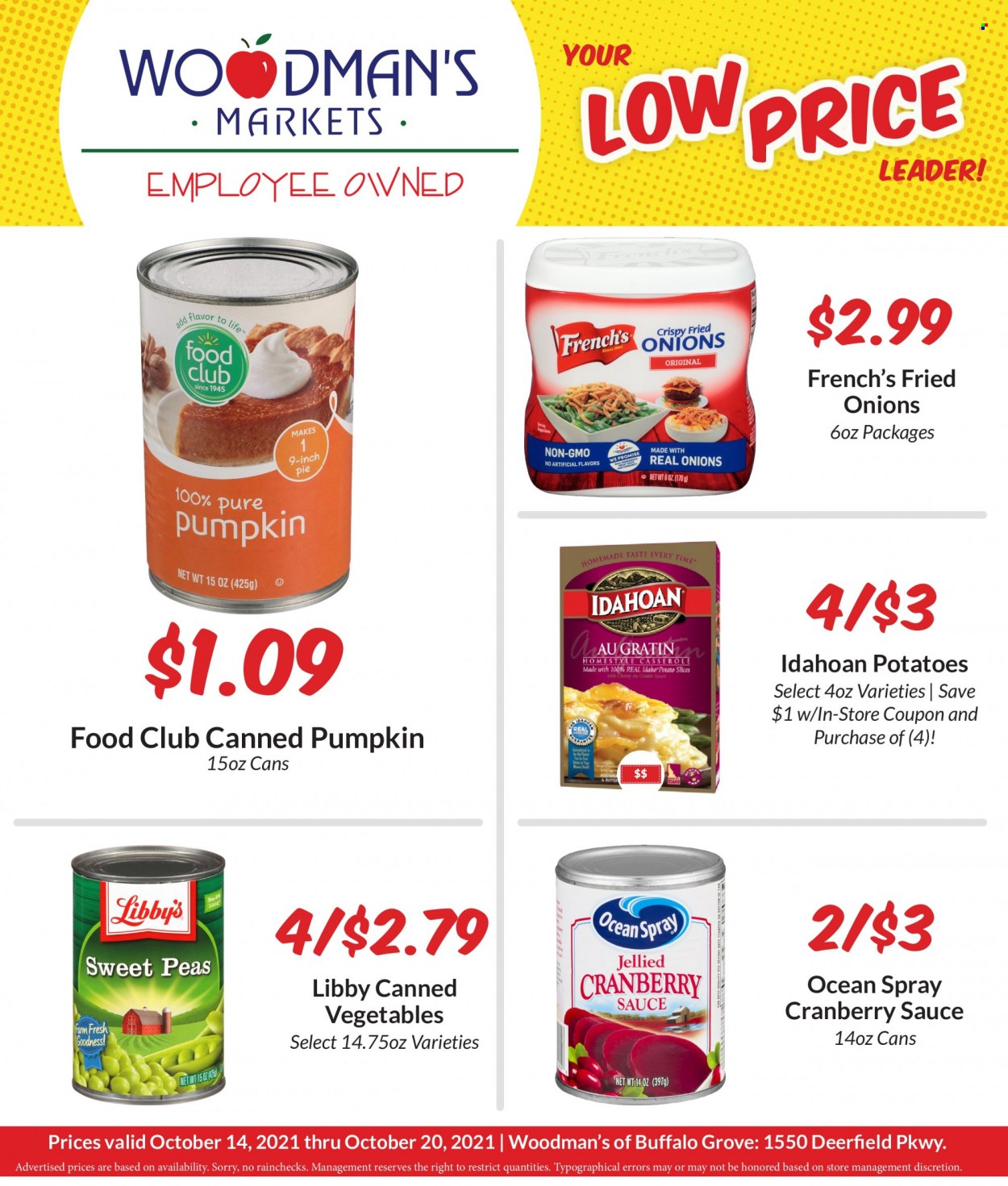 thumbnail - Woodman's Markets Flyer - 10/14/2021 - 10/20/2021 - Sales products - pie, pumpkin, peas, sauce, canned vegetables, cranberry sauce. Page 1.