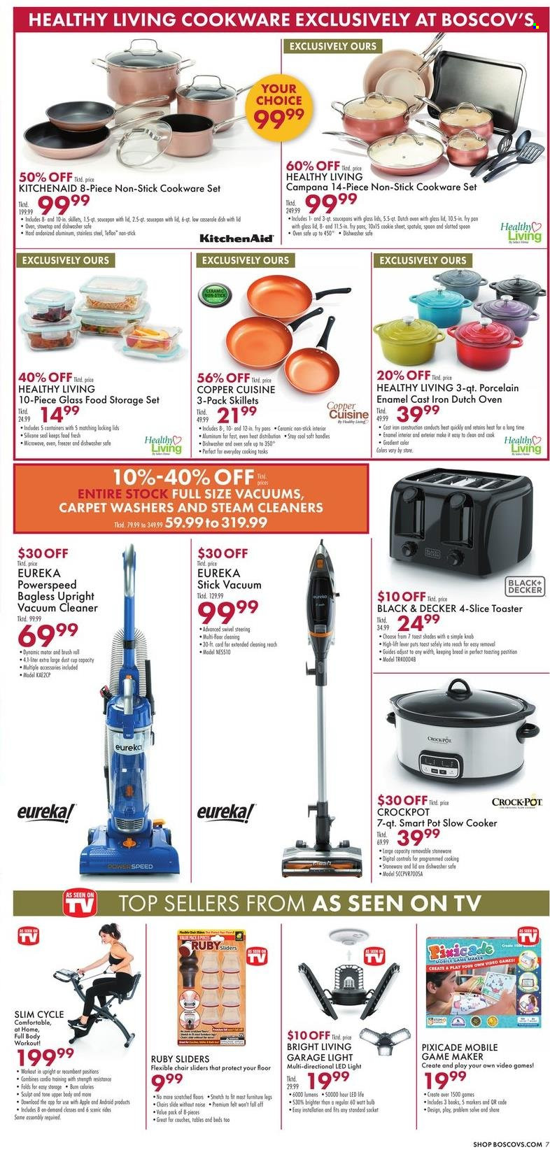 thumbnail - Boscov's Flyer - 10/14/2021 - 10/20/2021 - Sales products - cookware set, KitchenAid, spatula, spoon, pot, cup, cast iron dutch oven, storage container set, pen, bulb, Apple, microwave, vacuum cleaner, Black & Decker, slow cooker, CrockPot, toaster, chair, bed, LED light, shades. Page 7.