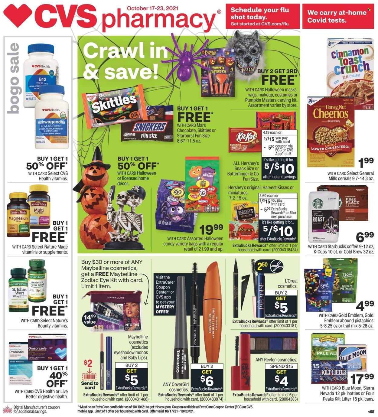 thumbnail - CVS Pharmacy Flyer - 10/17/2021 - 10/23/2021 - Sales products - Reese's, Hershey's, chocolate, snack, Snickers, Mars, KitKat, Skittles, Starburst, pumpkin, cereals, Cheerios, pistachios, trail mix, coffee, Starbucks, coffee capsules, K-Cups, Keurig, L’Oréal, Revlon, Maybelline, costume, Halloween, magnesium, Nature Made, beer, eyeshadow, makeup, Blue Moon. Page 1.