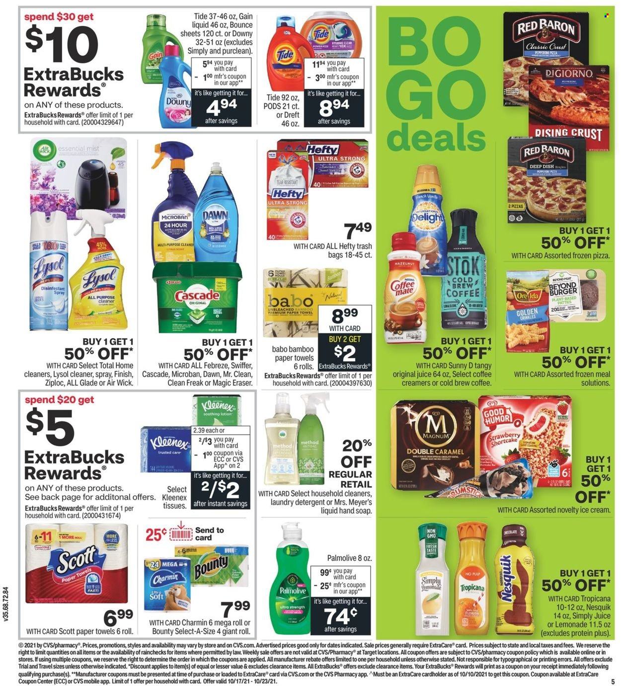 thumbnail - CVS Pharmacy Flyer - 10/17/2021 - 10/23/2021 - Sales products - pizza, hamburger, Coffee-Mate, Magnum, ice cream, Bounty, Nesquik, lemonade, juice, Kleenex, Scott, tissues, kitchen towels, paper towels, Charmin, detergent, Febreze, Gain, cleaner, desinfection, all purpose cleaner, Lysol, Swiffer, Cascade, Tide, laundry detergent, Bounce, hand soap, Palmolive, soap, body lotion, antibacterial spray, eraser, Air Wick, Glade. Page 7.