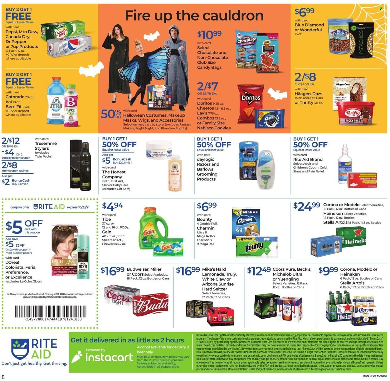 thumbnail - RITE AID Flyer - 10/17/2021 - 10/23/2021 - Sales products - Hershey's, Häagen-Dazs, Bounty, Doritos, Cheetos, Lay’s, ginger, pistachios, Blue Diamond, Canada Dry, lemonade, Mountain Dew, Pepsi, Dr. Pepper, 7UP, AriZona, Gatorade, alcohol, White Claw, Hard Seltzer, TRULY, beer, Corona Extra, Heineken, Miller, Beck's, Modelo, Charmin, Gain, Tide, L’Oréal, Daylogic, TRESemmé, makeup, Halloween, costume, pain relief, Budweiser, Stella Artois, Coors, Yuengling, Michelob. Page 4.