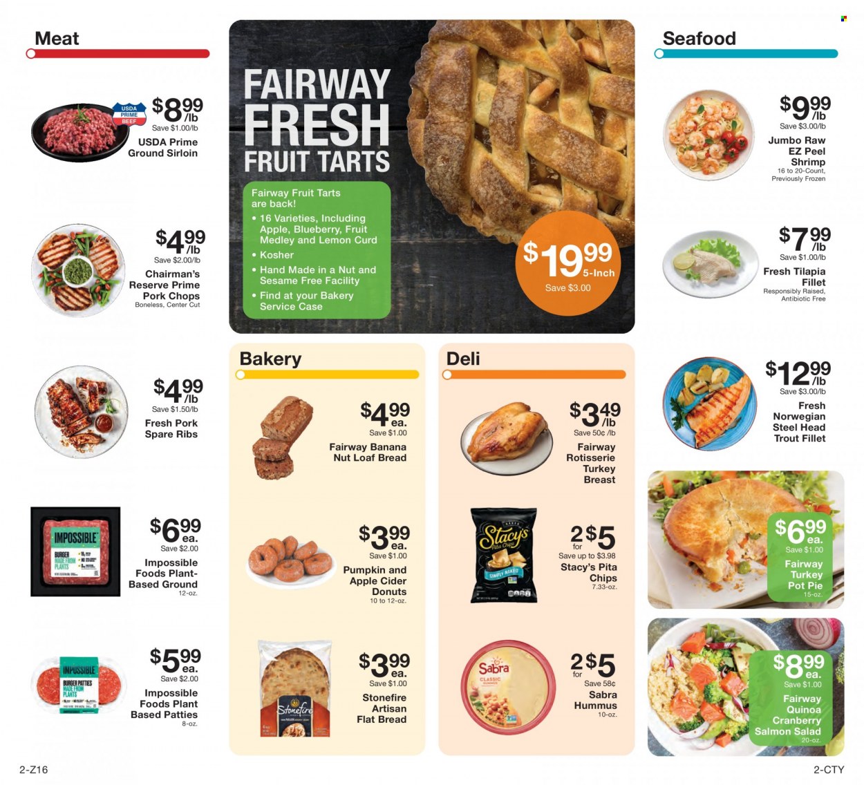 thumbnail - Fairway Market Flyer - 10/15/2021 - 10/21/2021 - Sales products - bread, pie, pot pie, donut, salad, salmon, tilapia, trout, seafood, shrimps, hummus, curd, pita chips, quinoa, lemon curd, apple cider, cider, turkey breast, pork chops, pork meat, pork ribs, pork spare ribs. Page 2.