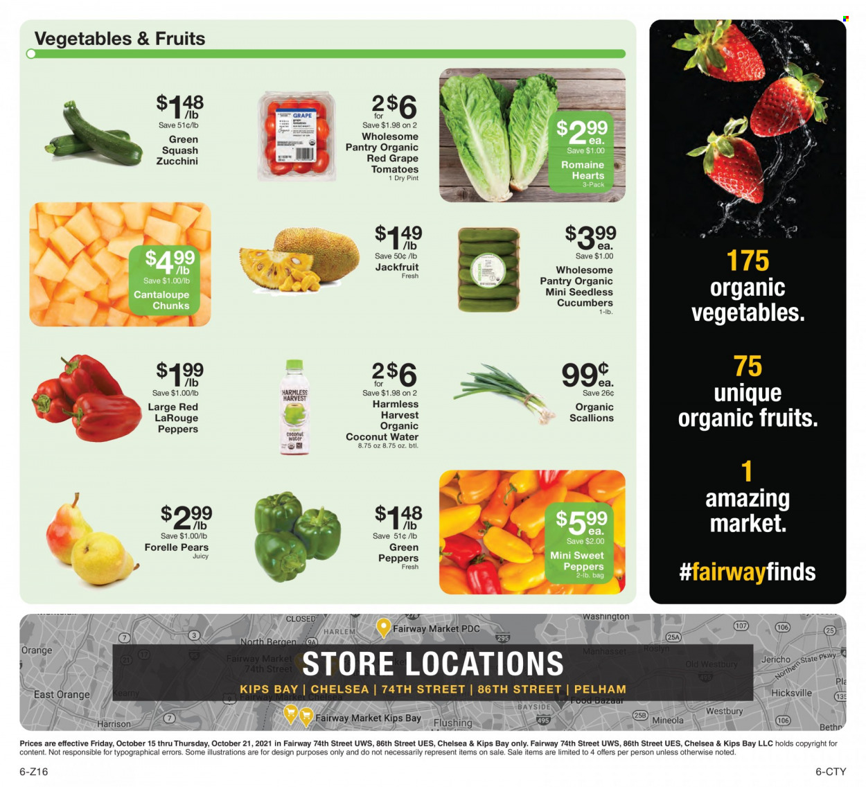 thumbnail - Fairway Market Flyer - 10/15/2021 - 10/21/2021 - Sales products - cantaloupe, cucumber, sweet peppers, tomatoes, zucchini, peppers, green onion, pears, coconut water. Page 6.