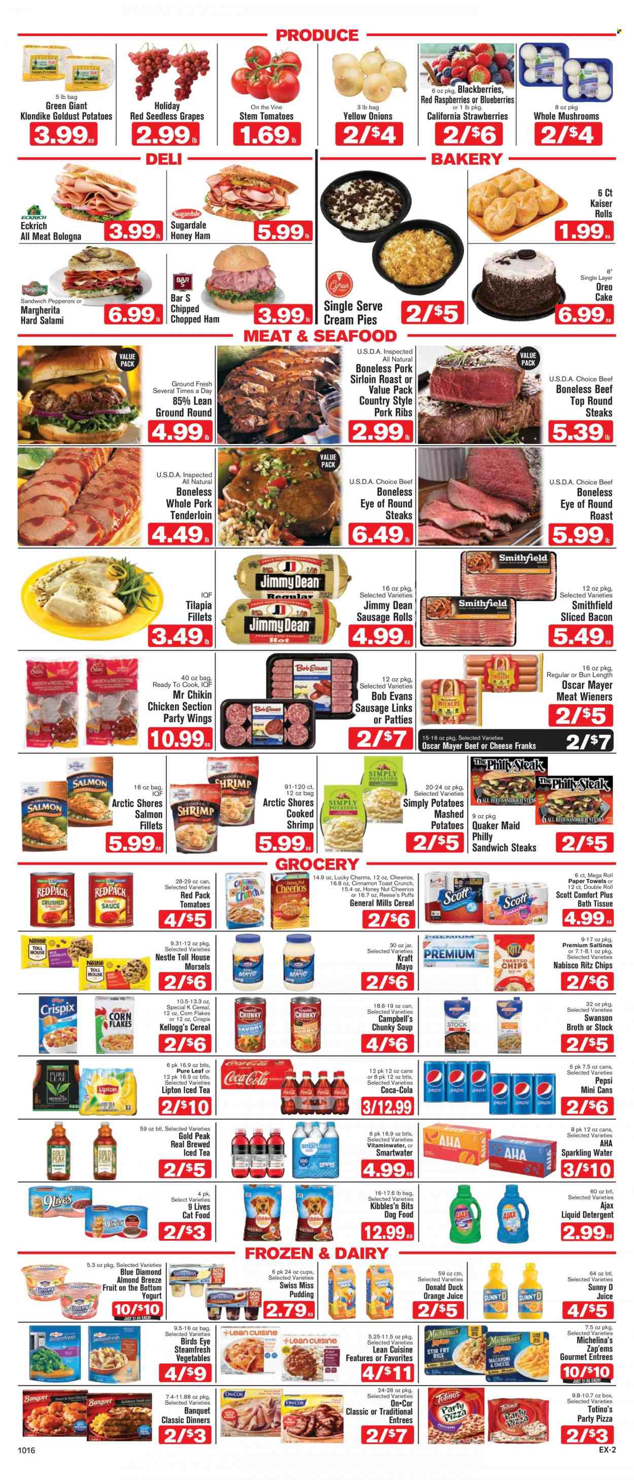 thumbnail - Shop ‘n Save Express Flyer - 10/16/2021 - 10/22/2021 - Sales products - seedless grapes, sausage rolls, cake, puffs, cream pie, potatoes, blackberries, blueberries, grapes, beef meat, steak, eye of round, round roast, Bob Evans, pork loin, pork meat, pork ribs, pork tenderloin, salmon fillet, tilapia, shrimps, Arctic Shores, Campbell's, pizza, sandwich, soup, Bird's Eye, Quaker, Lean Cuisine, Kraft®, Jimmy Dean, Sugardale, bacon, salami, ham, Oscar Mayer, sausage, pepperoni, pudding, Oreo, yoghurt, Swiss Miss, Almond Breeze, mayonnaise, Reese's, Nestlé, Kellogg's, RITZ, saltines, broth, cereals, Cheerios, corn flakes, cinnamon, Blue Diamond, Coca-Cola, Pepsi, orange juice, juice, Lipton, ice tea, sparkling water, Smartwater, Pure Leaf, bath tissue, Scott, kitchen towels, paper towels, detergent, Ajax, liquid detergent, animal food, cat food, dog food. Page 2.