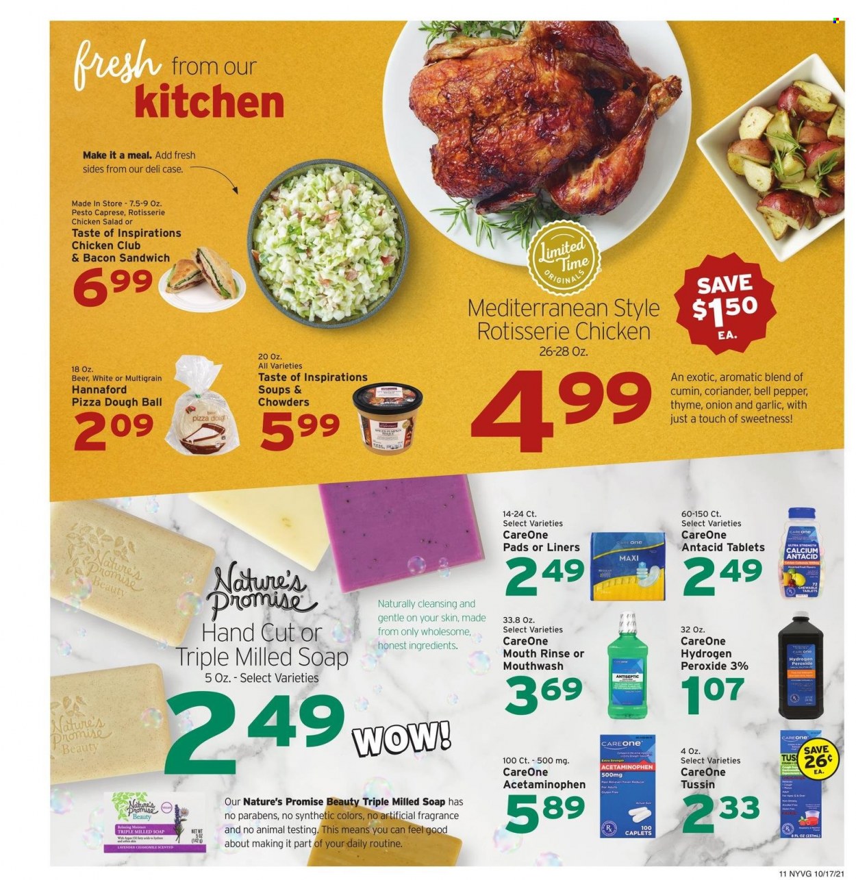 thumbnail - Hannaford Flyer - 10/17/2021 - 10/23/2021 - Sales products - Nature’s Promise, garlic, onion, chicken roast, sandwich, bacon, chicken salad, pizza dough, pepper, cumin, coriander, pesto, beer, soap, mouthwash, sanitary pads, fragrance, calcium, Antacid. Page 12.