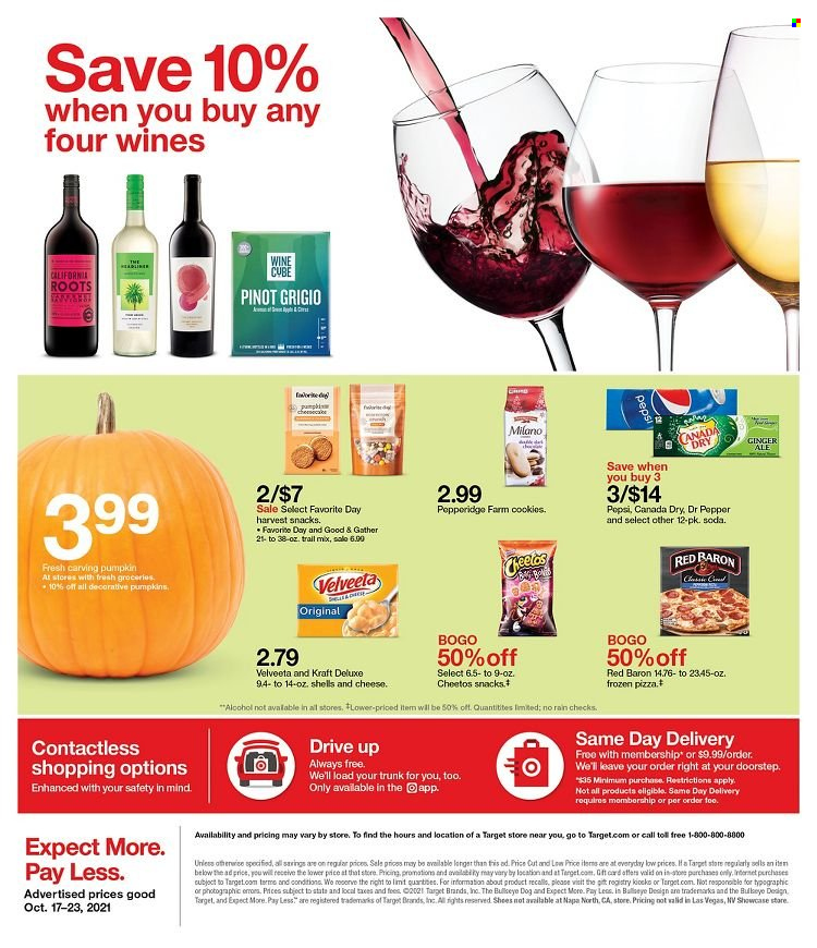 thumbnail - Target Flyer - 10/17/2021 - 10/23/2021 - Sales products - pumpkin, pizza, Kraft®, Red Baron, cookies, snack, Cheetos, Canada Dry, Dr. Pepper, soda, white wine, wine, alcohol, Pinot Grigio, Target. Page 20.