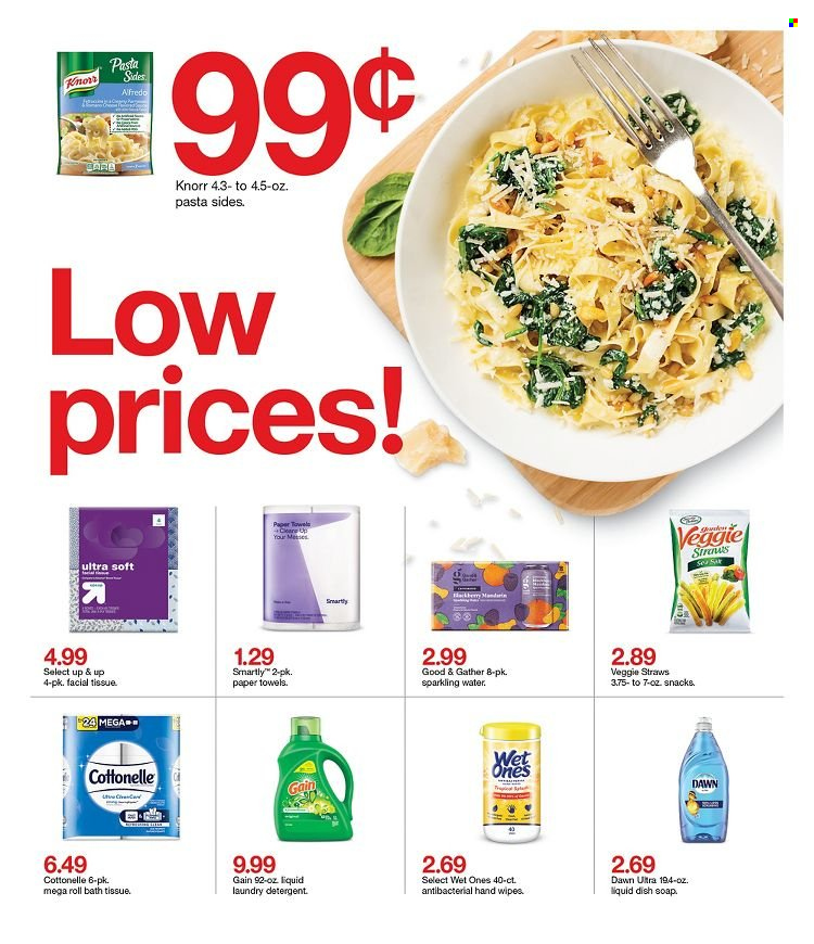 thumbnail - Target Flyer - 10/17/2021 - 10/23/2021 - Sales products - Knorr, pasta sides, snack, Veggie Straws, sparkling water, wipes, Cottonelle, tissues, kitchen towels, paper towels, detergent, Gain, laundry detergent. Page 25.