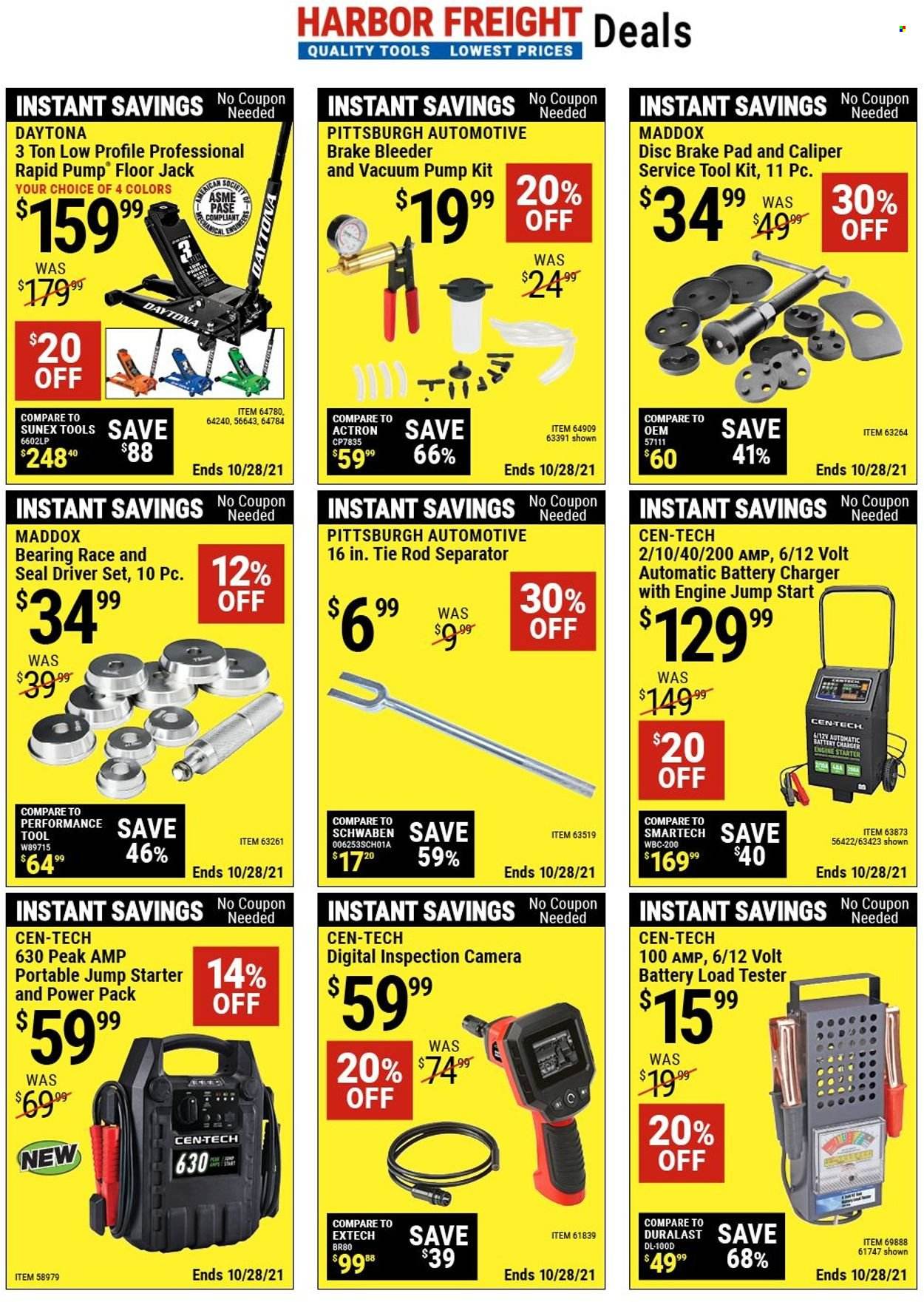 thumbnail - Harbor Freight Flyer - 10/14/2021 - 10/28/2021 - Sales products - battery charger, tool set, pump, floor jack, brake pad, Duralast, starter. Page 3.