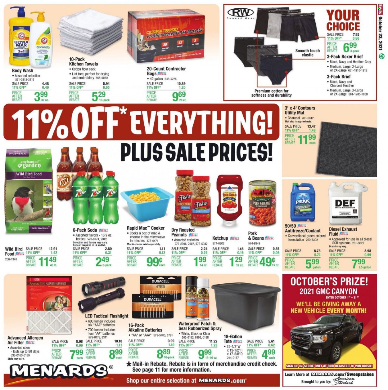 thumbnail - Menards Flyer - 10/14/2021 - 10/23/2021 - Sales products - soda, bag, gallon, Duracell, kitchen towels, animal food, bird food, tote, air filter, antifreeze, exhaust fluid. Page 20.